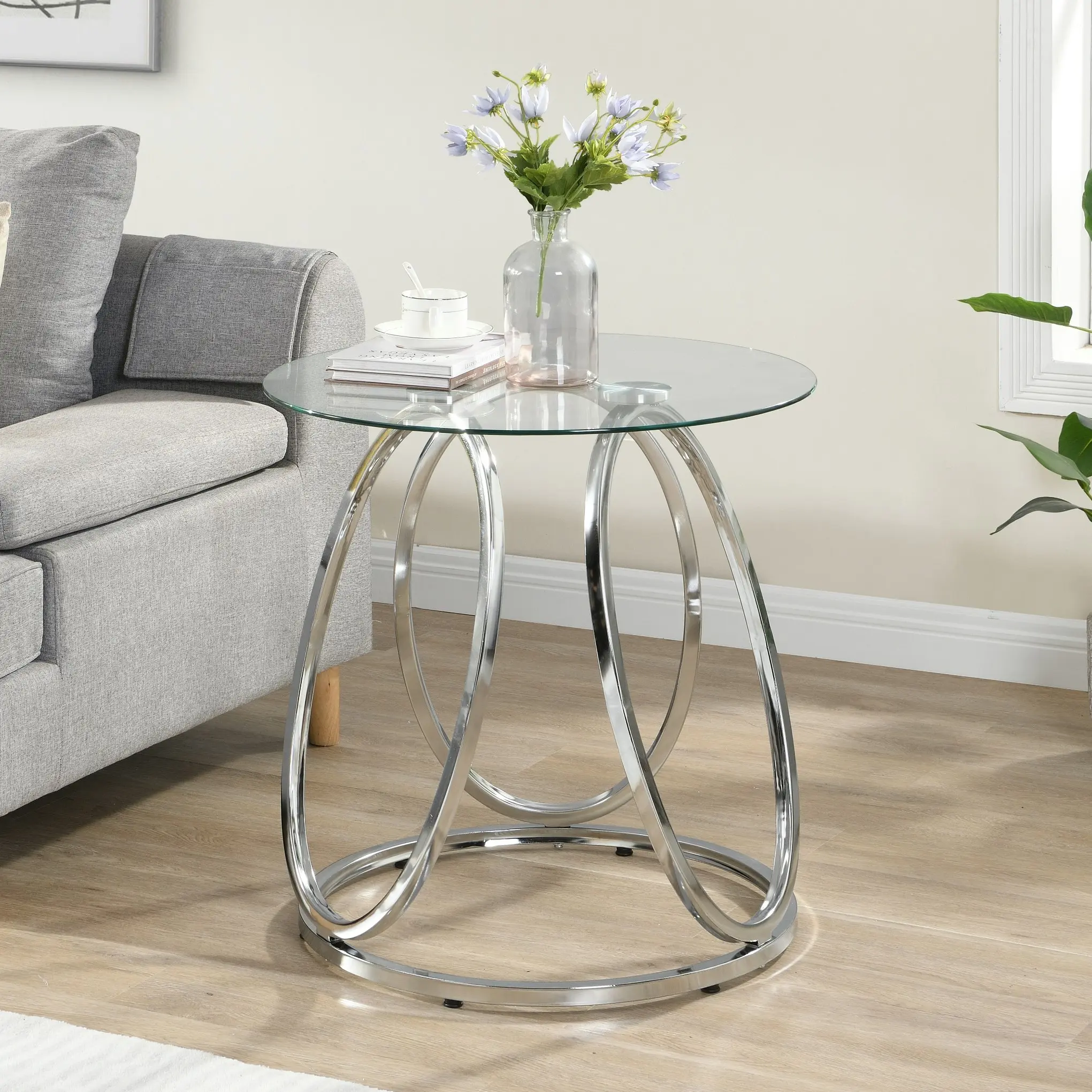 HLIVING Contemporary End Table, Tempered Glass Side Table, Chrome Finish