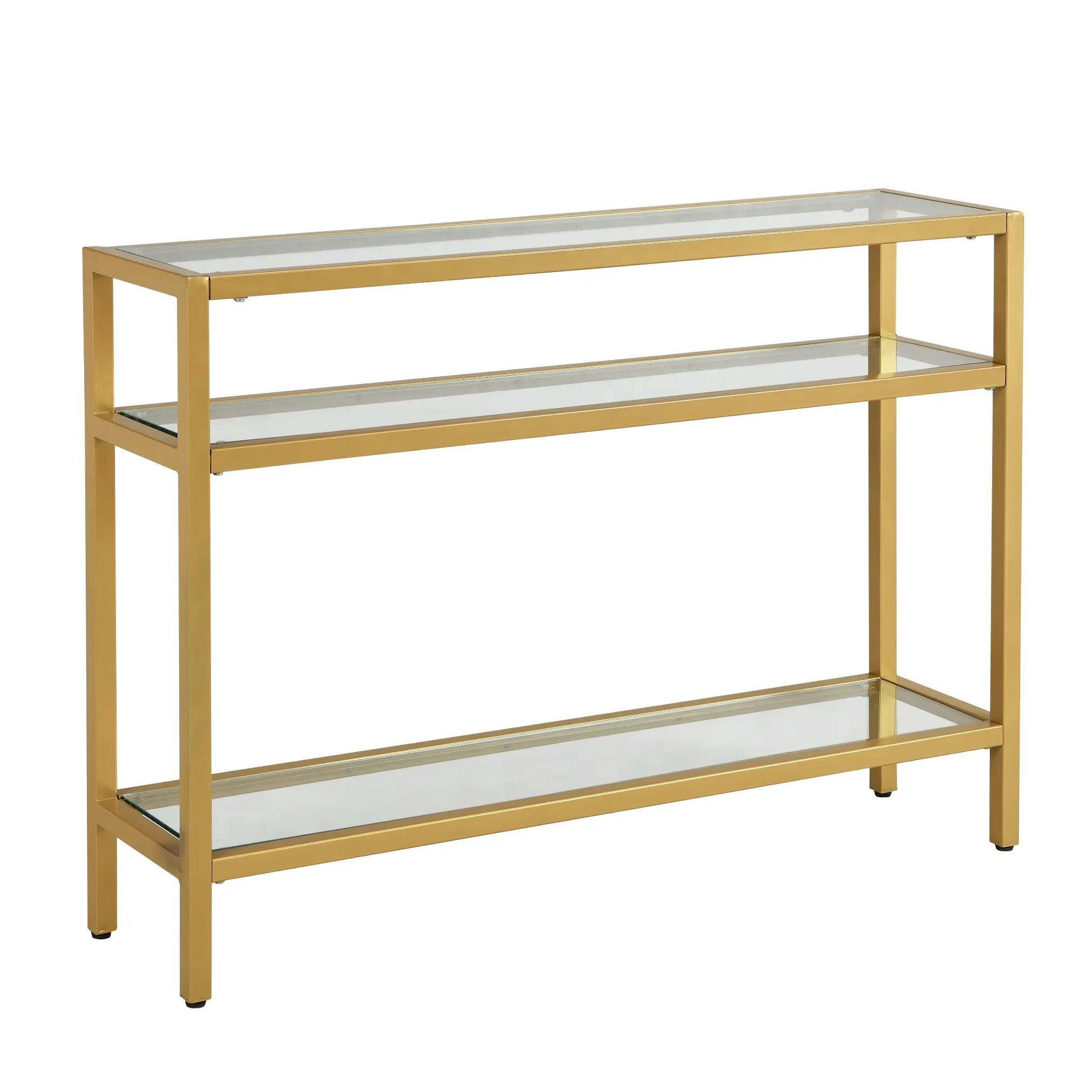 HLIVING Modern Glass Console Table, Entryway Table with 3 Tiers Storage Shelves, Gold Finish