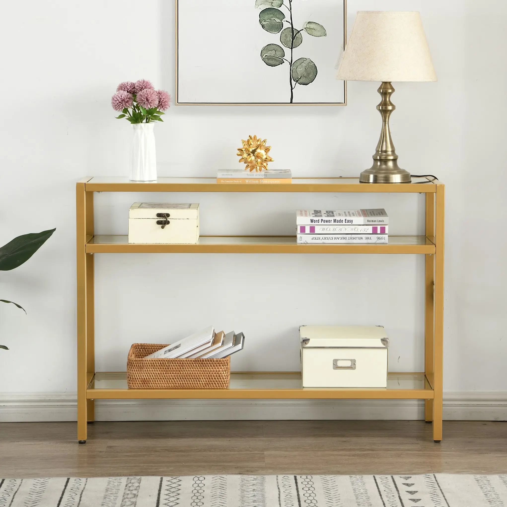 HLIVING Modern Glass Console Table, Entryway Table with 3 Tiers Storage Shelves, Gold Finish