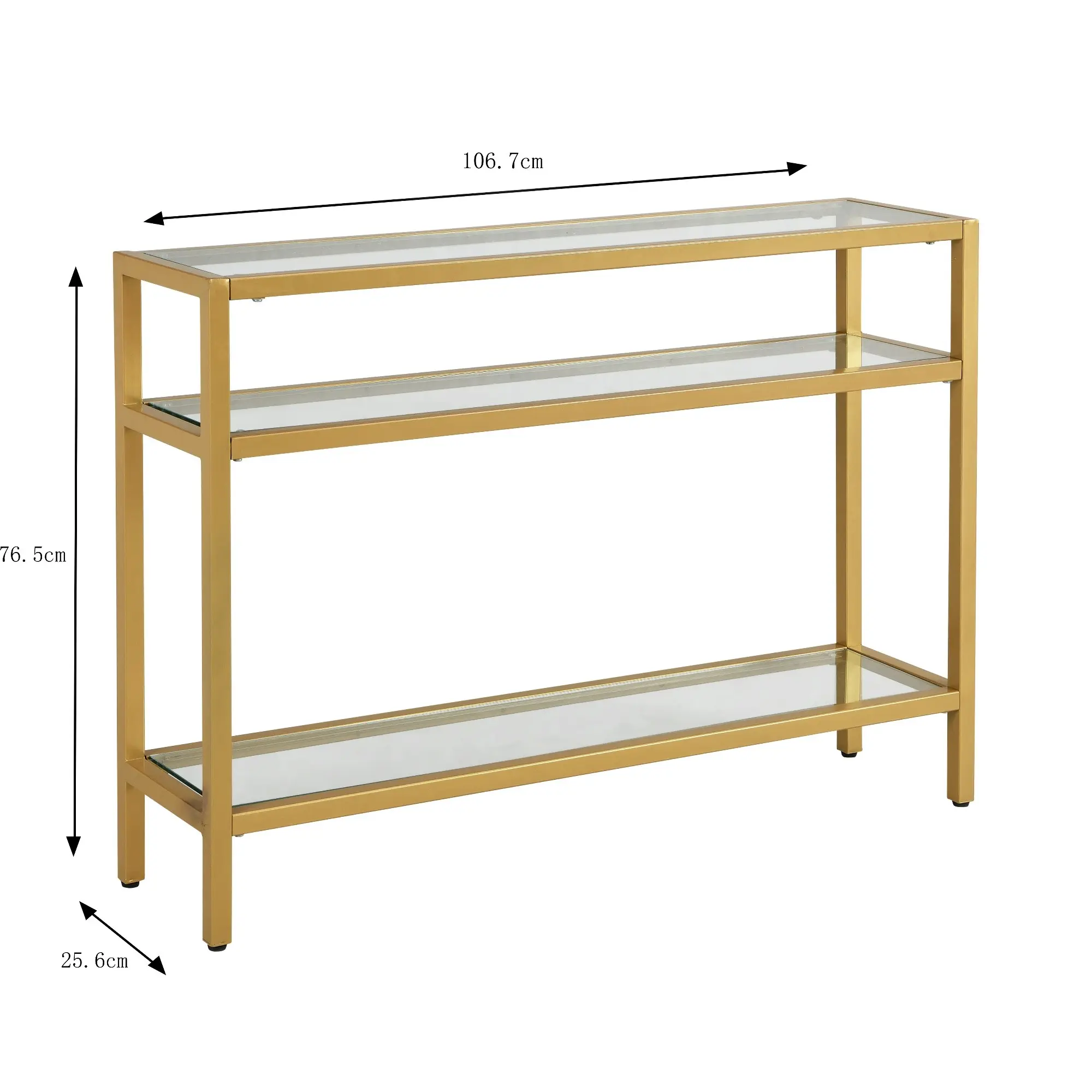 HLIVING Modern Glass Console Table, Entryway Table with 3 Tiers Storage Shelves, Gold Finish