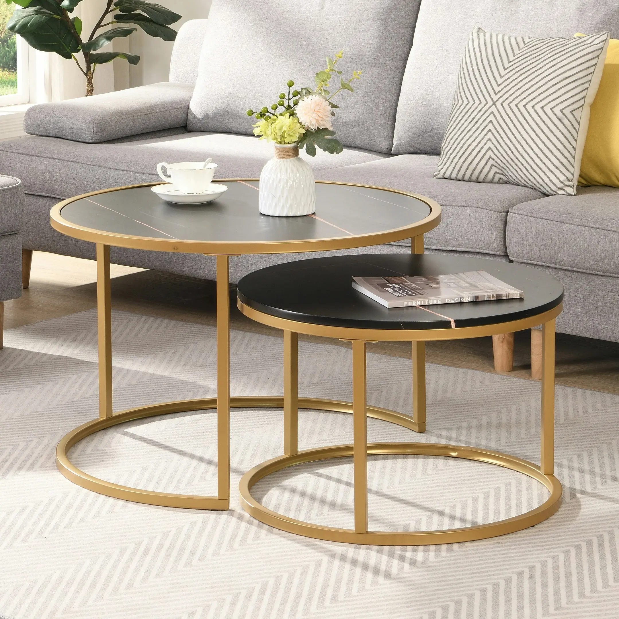 HLIVING Round Nesting Coffee Table Set of 2, Modern Living Room Nesting Table,  Gold Finish