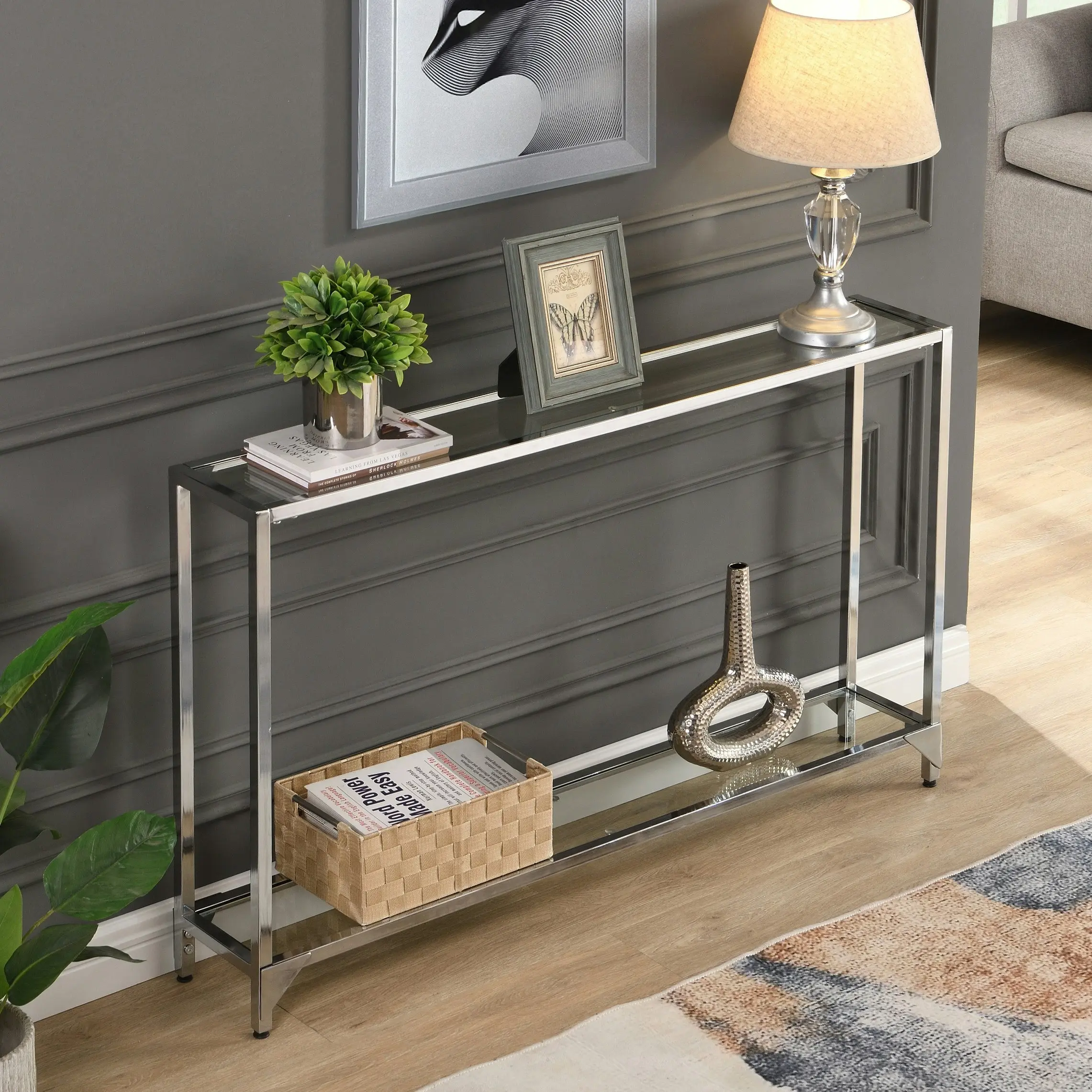 HLIVING 2 Tier Glass Couch Table, 120cm Long Modern Entryway Table, Tempered Glass Table, Chrome Finish