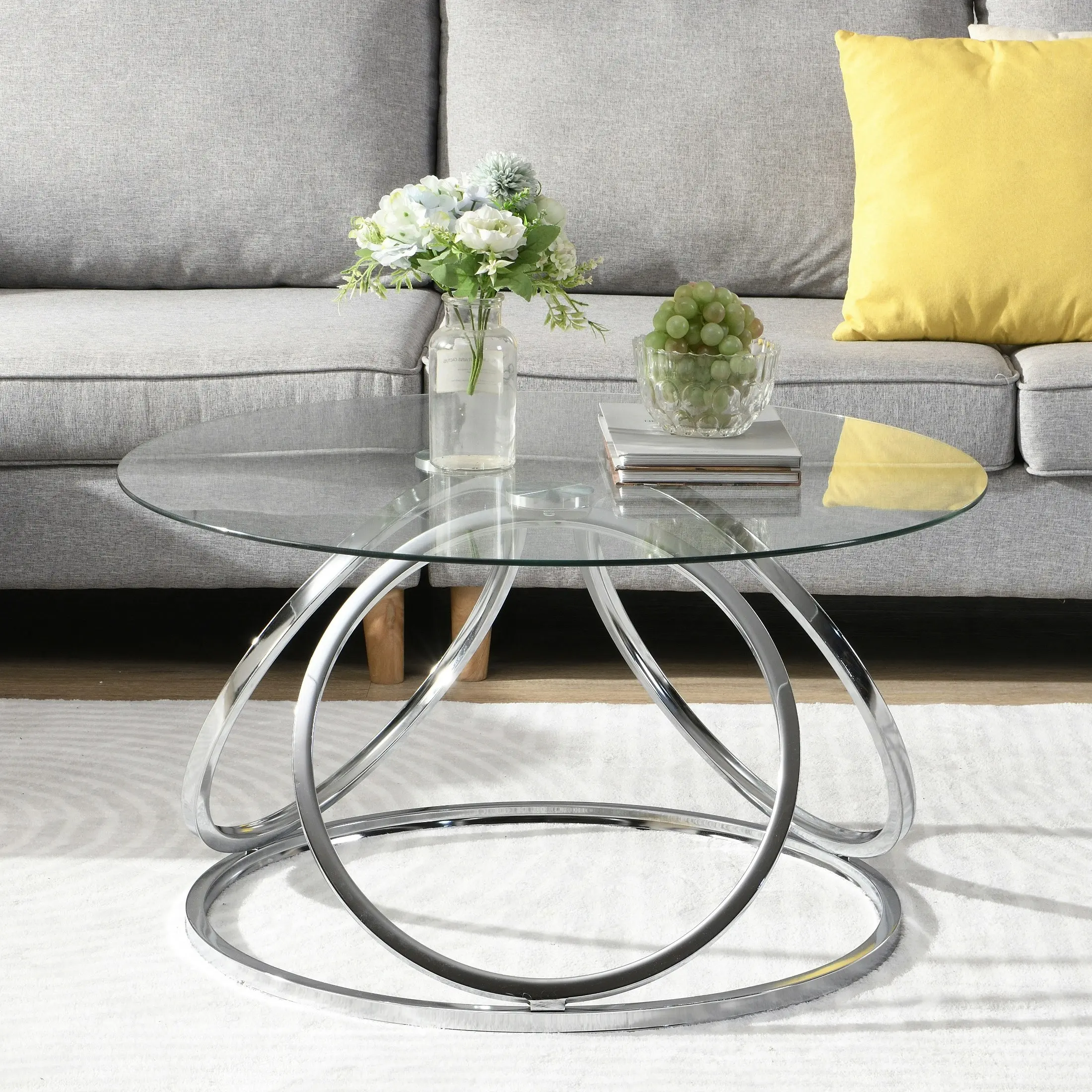 HLIVING Accent Round Coffee Table,Tempered Glass Coffee Table, Chrome Finish