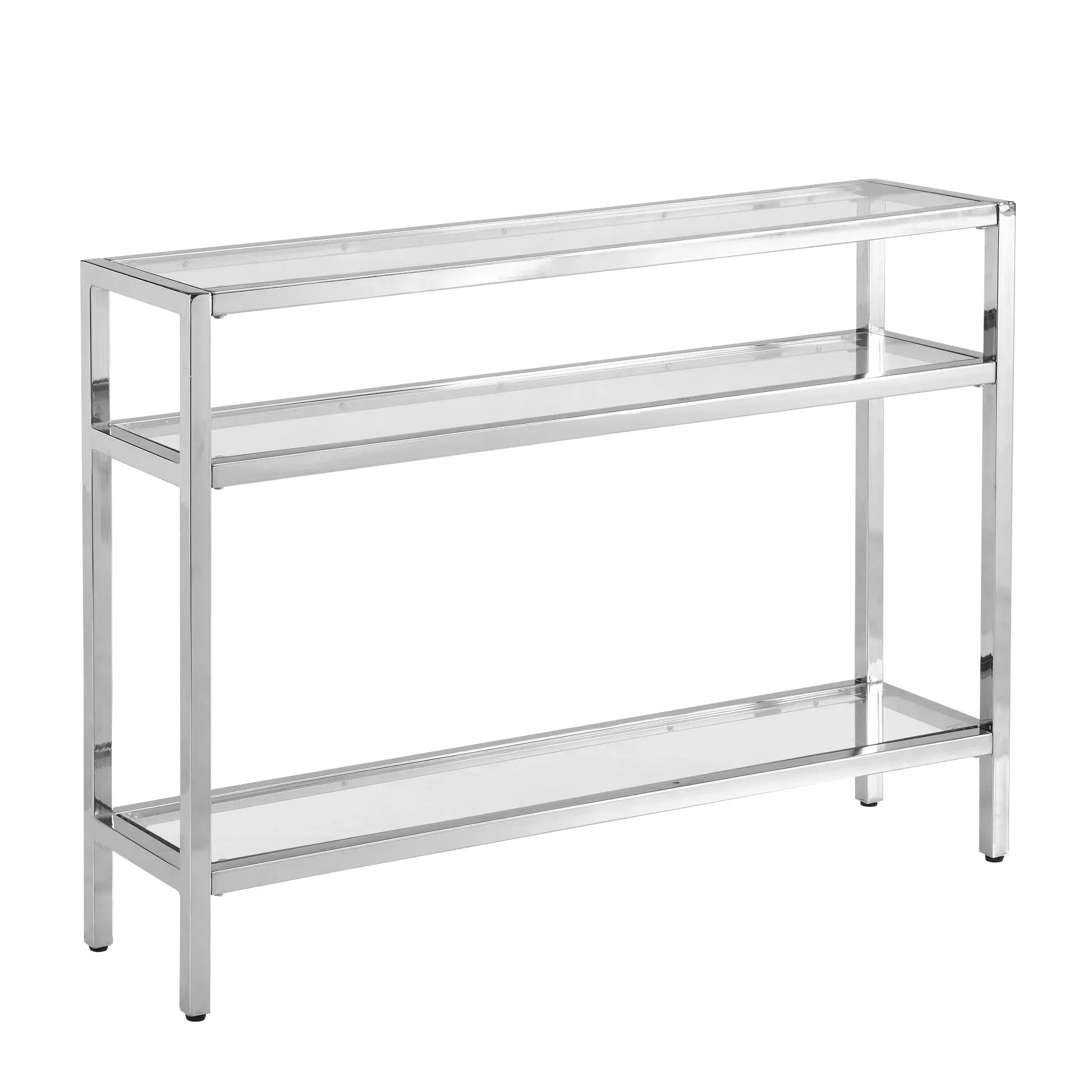 HLIVING Modern Glass Console Table, Entryway Table with 3 Tiers Storage Shelves, Chrome Finish