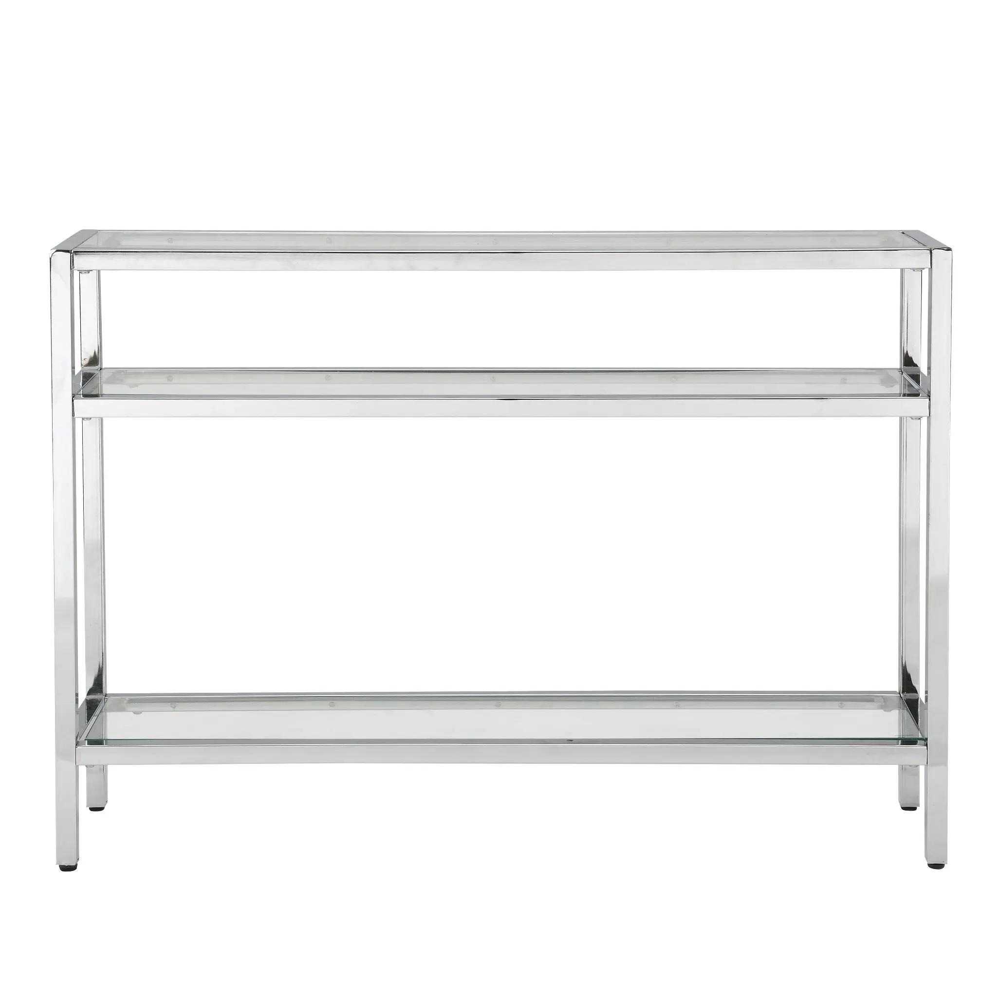 HLIVING Modern Glass Console Table, Entryway Table with 3 Tiers Storage Shelves, Chrome Finish