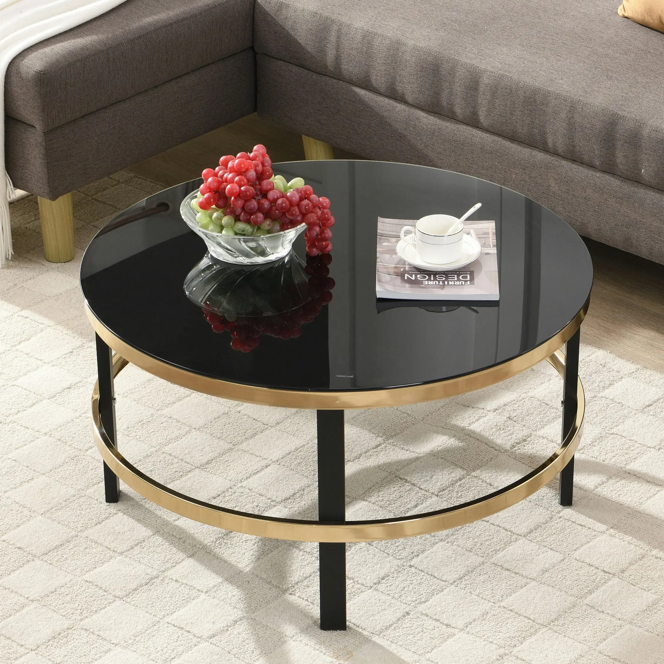 HLIVING Black Top Round Coffee Table, Tempered Glass Coffee Table, Black&Gold Finish