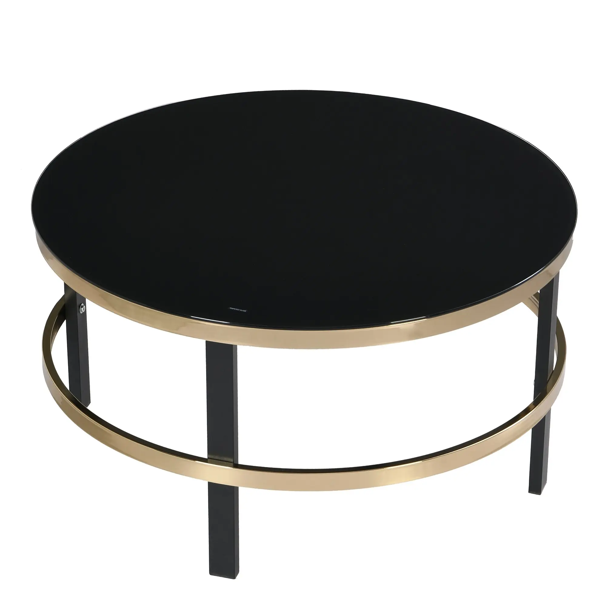 HLIVING Black Top Round Coffee Table, Tempered Glass Coffee Table, Black&Gold Finish