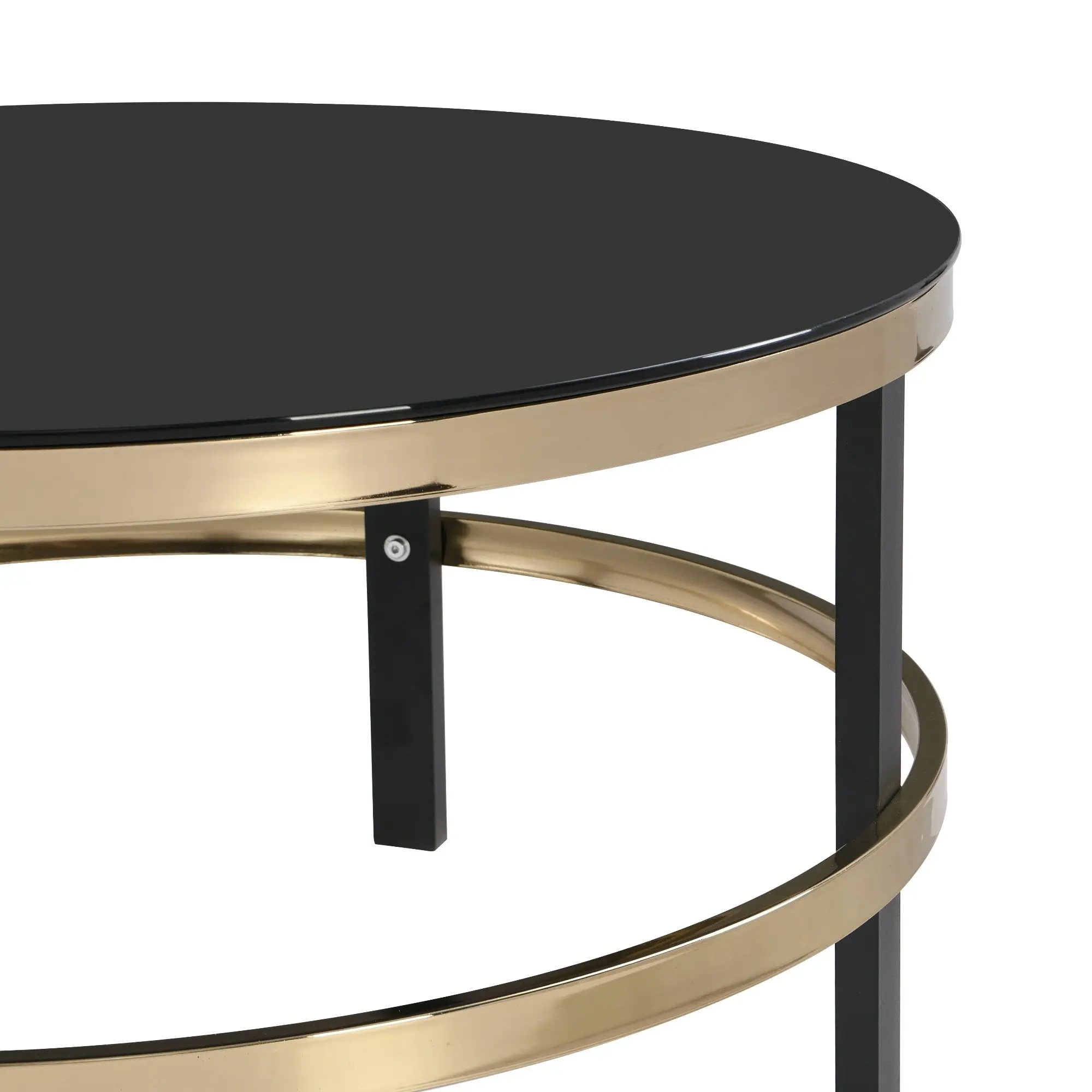 HLIVING Black Top Round Coffee Table, Tempered Glass Coffee Table, Black&Gold Finish