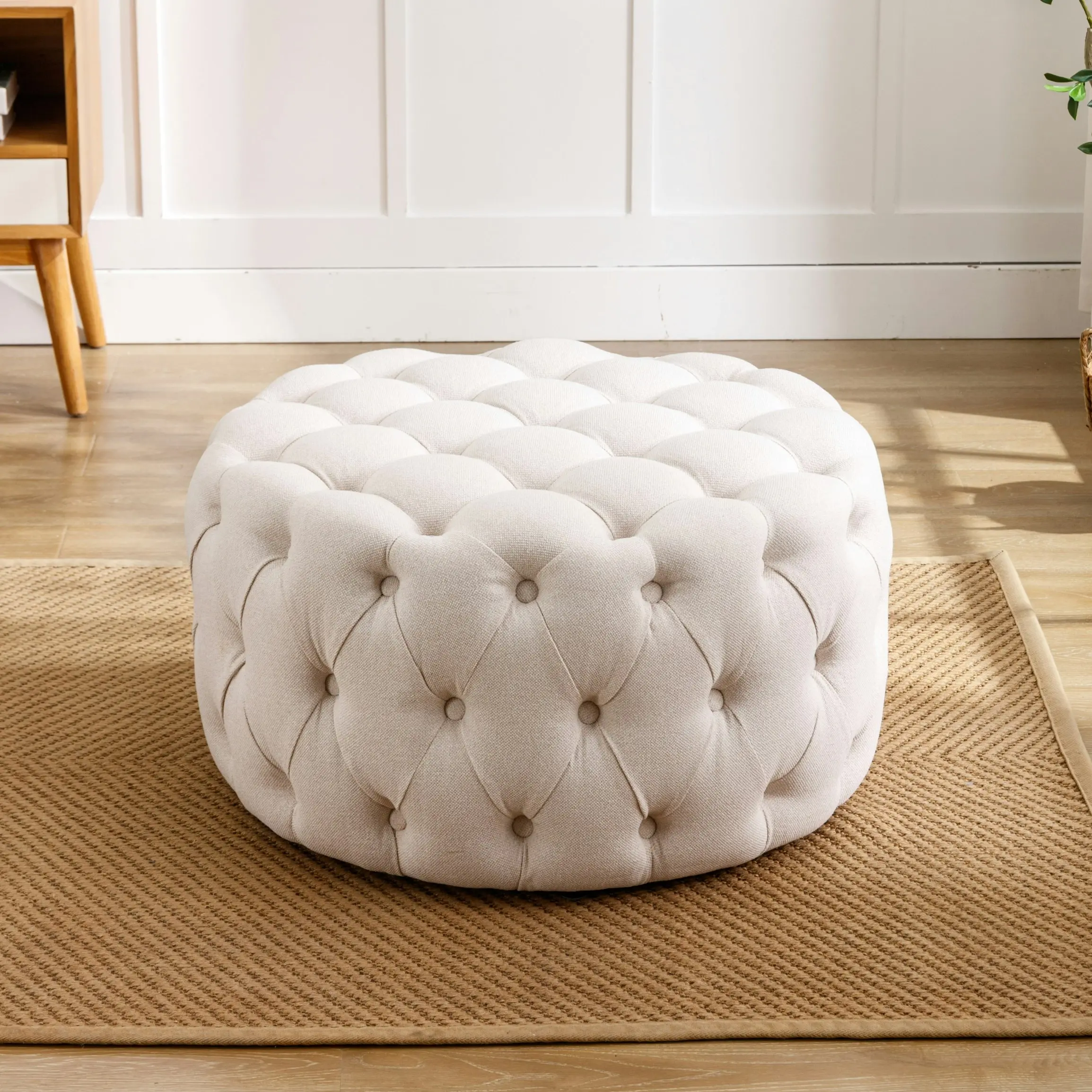 HLIVING Fabric Upholstered Button-Tufted Round Ottoman, Beige