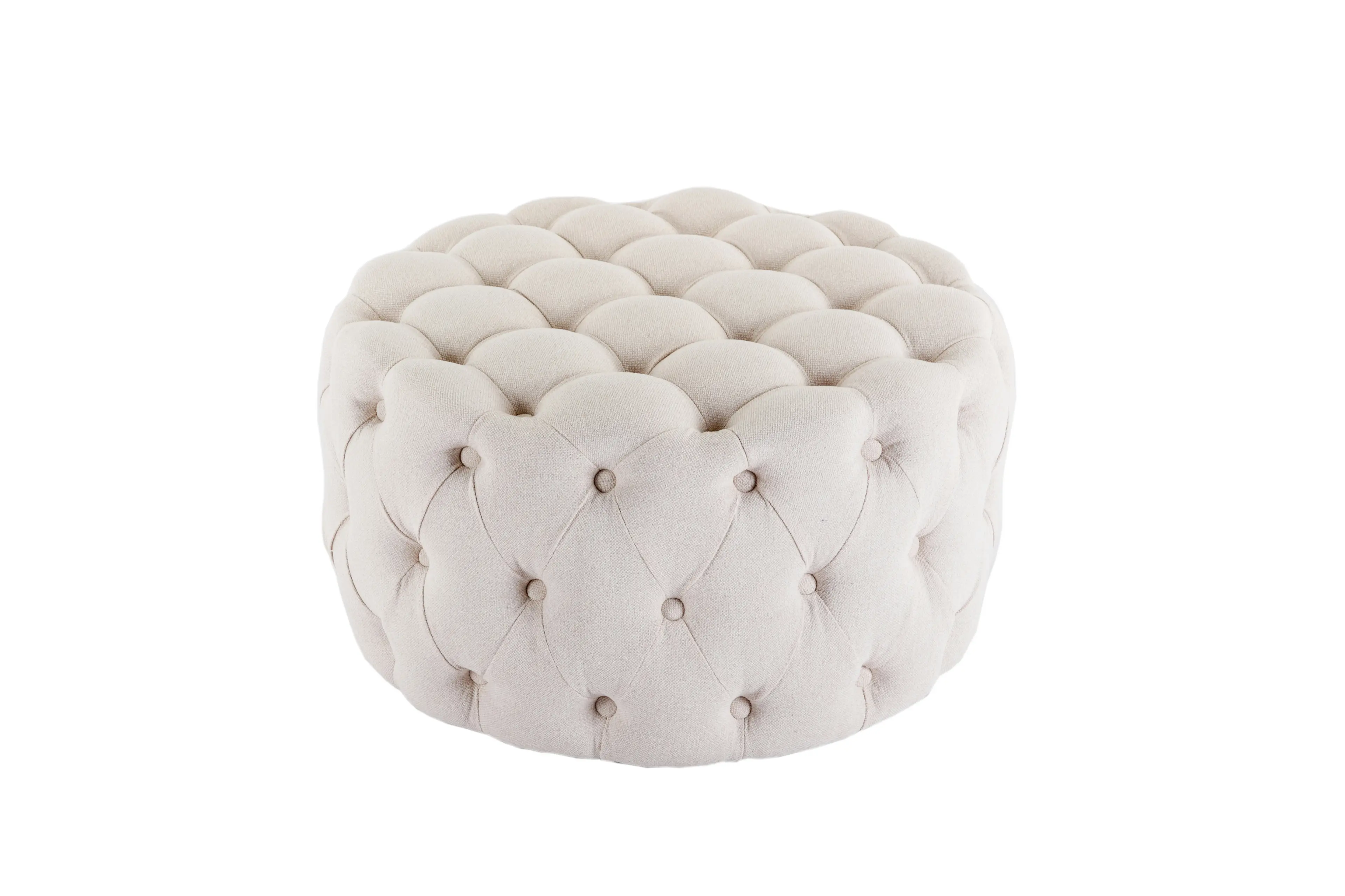 HLIVING Fabric Upholstered Button-Tufted Round Ottoman, Beige