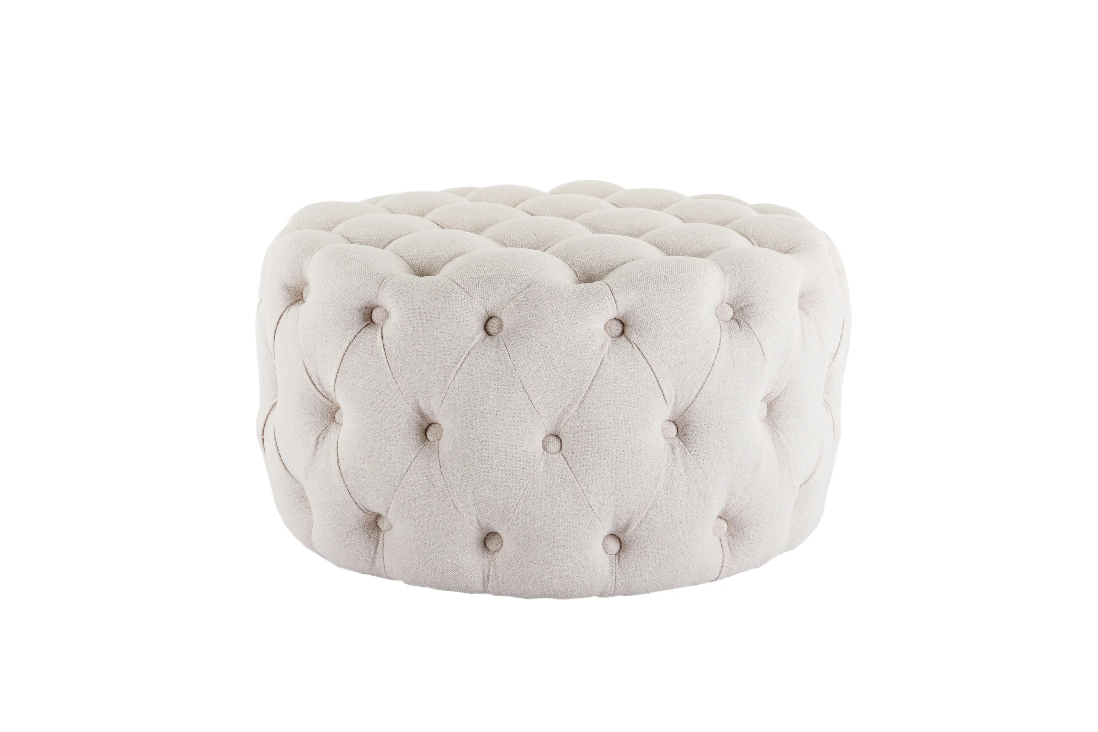 HLIVING Fabric Upholstered Button-Tufted Round Ottoman, Beige