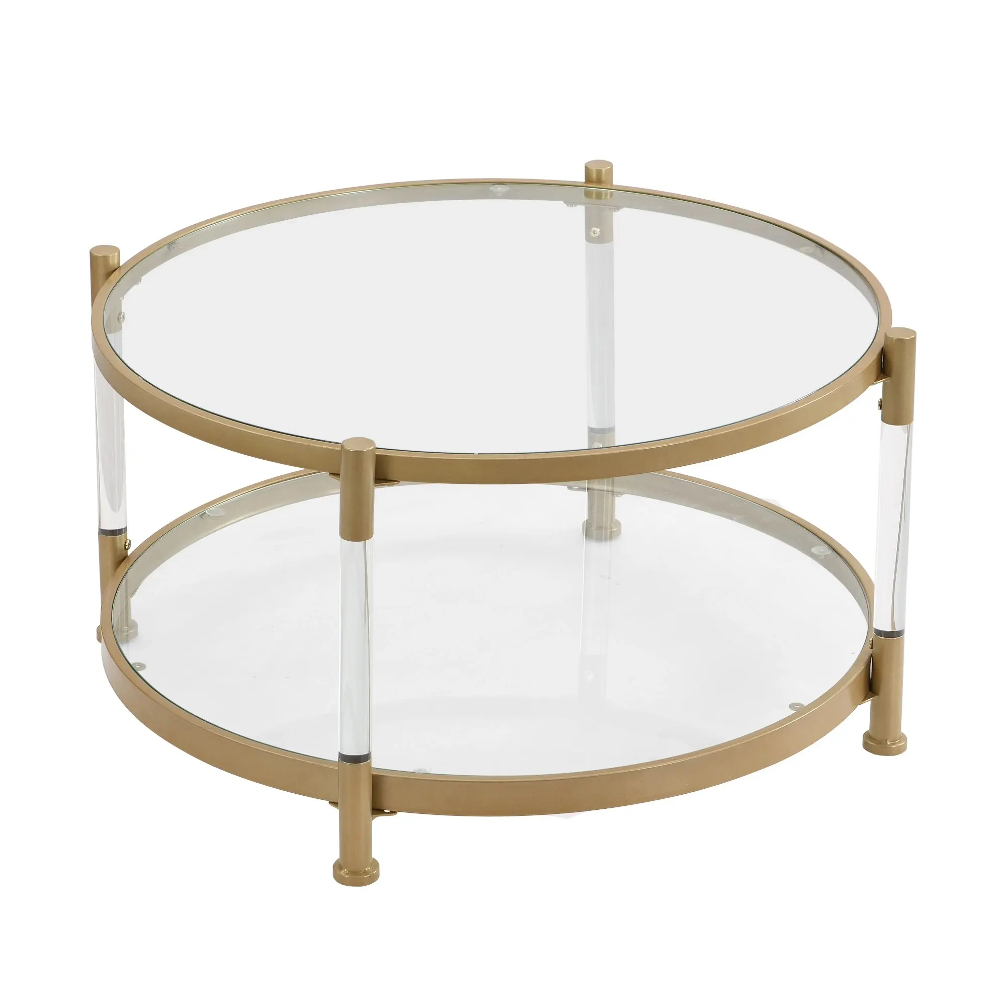 HLIVING Contemporary Acrylic Coffee Table, 82cm Round Tempered Glass Coffee Table, Gold Finish