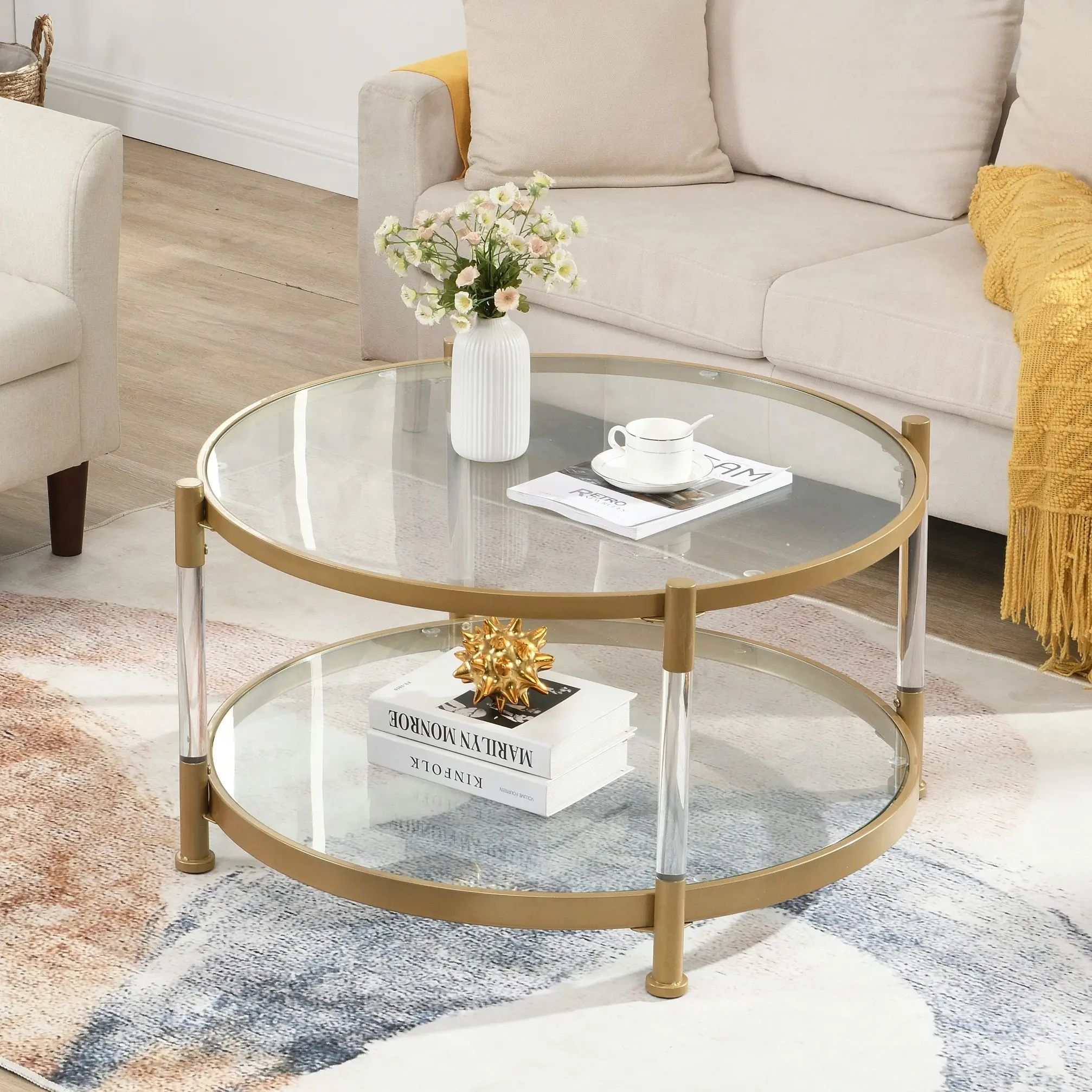 HLIVING Contemporary Acrylic Coffee Table, 82cm Round Tempered Glass Coffee Table, Gold Finish