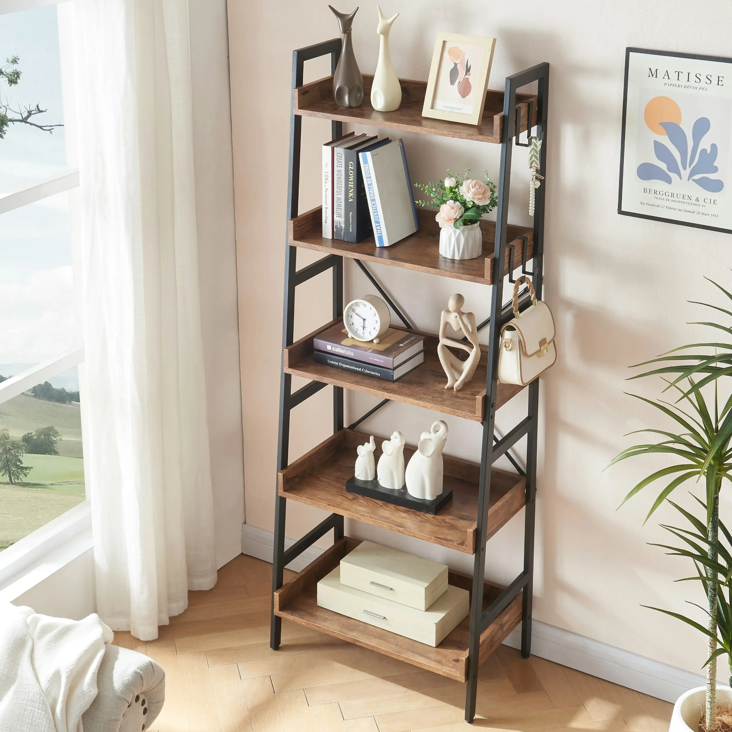 HLIVING 5 Tier Ladder Bookshelf with 4 Hooks, Industrial Shelf, Freestanding Display Plant Shelves, Rustic Brown