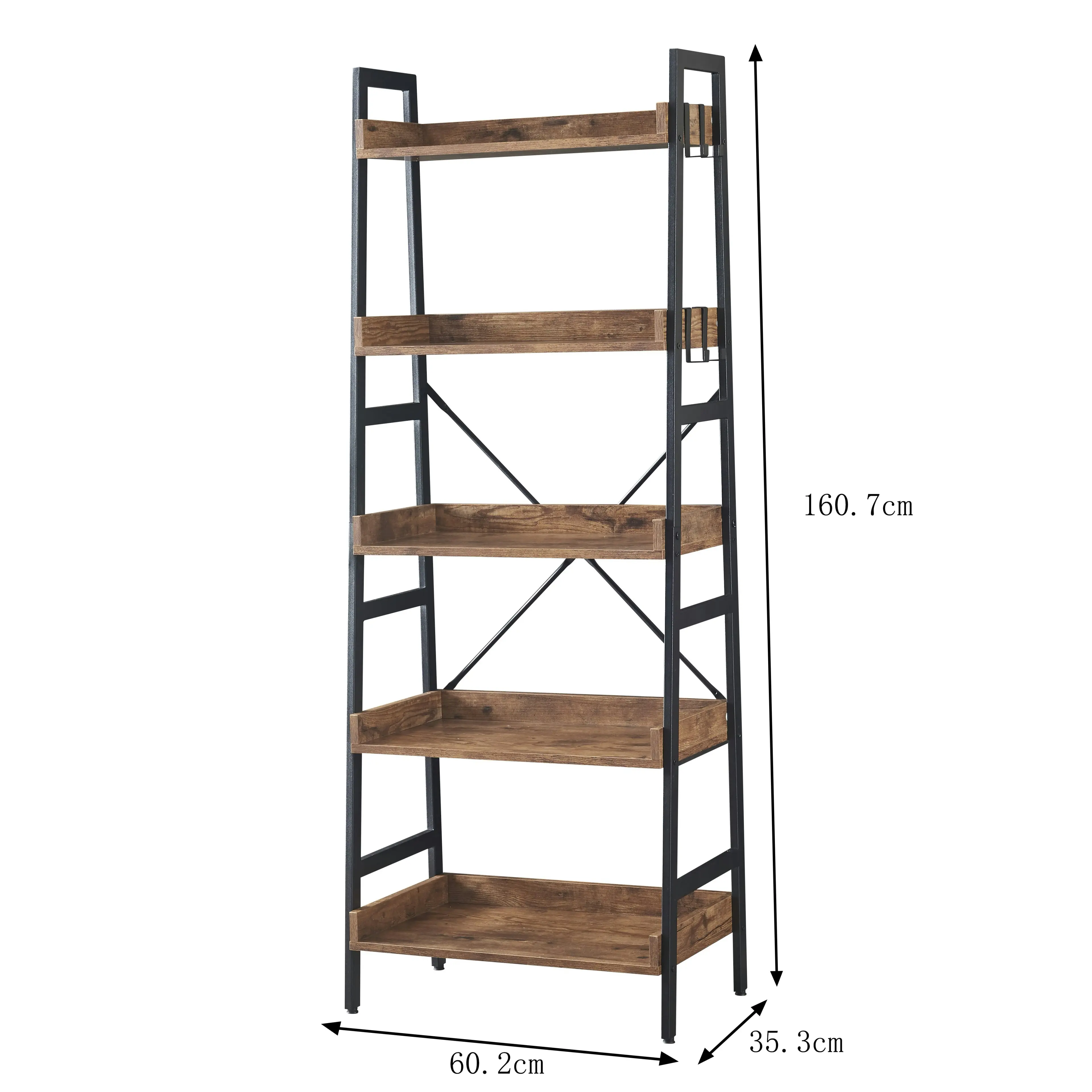 HLIVING 5 Tier Ladder Bookshelf with 4 Hooks, Industrial Shelf, Freestanding Display Plant Shelves, Rustic Brown