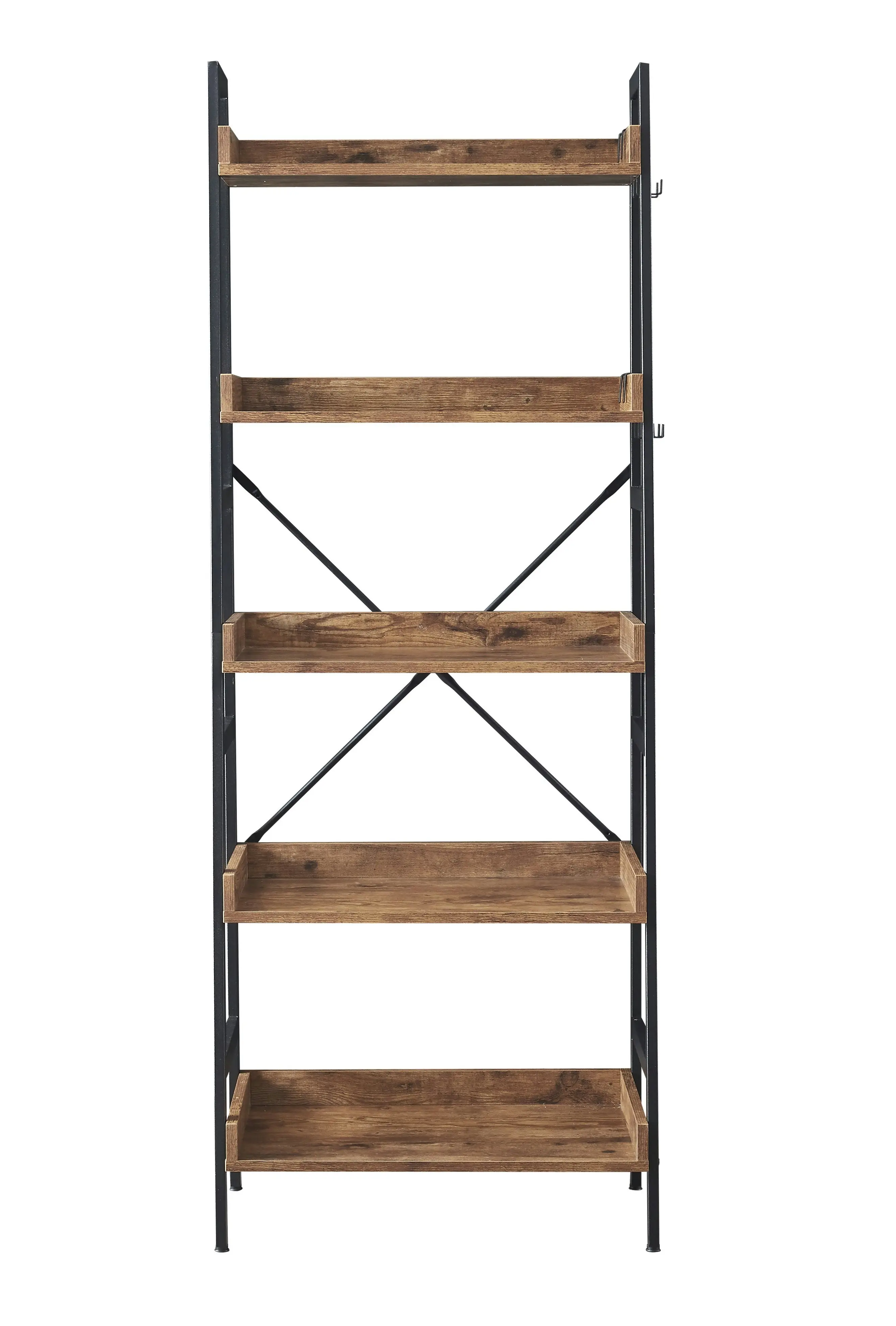 HLIVING 5 Tier Ladder Bookshelf with 4 Hooks, Industrial Shelf, Freestanding Display Plant Shelves, Rustic Brown