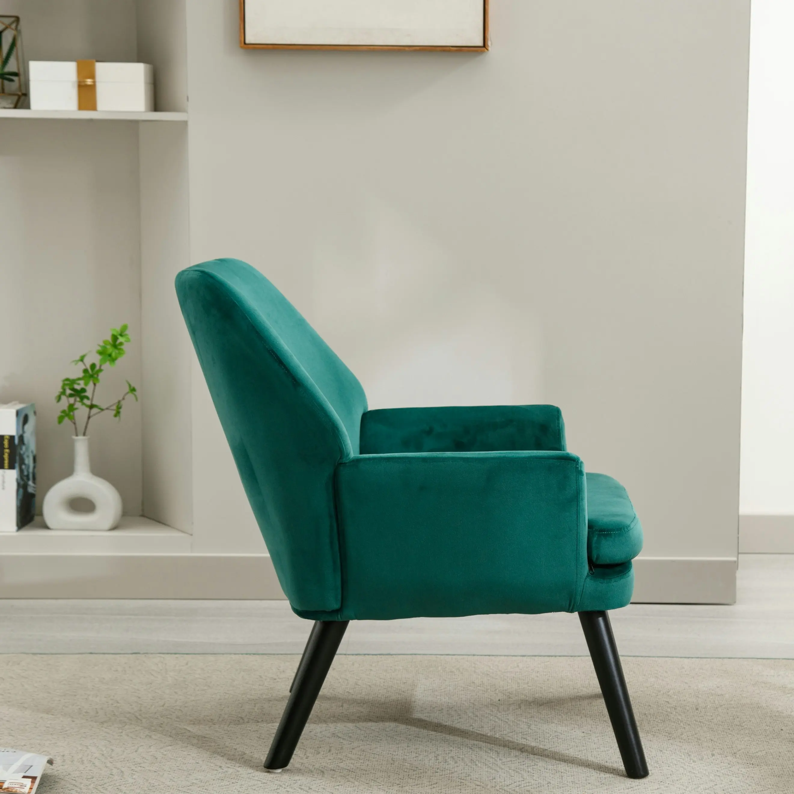 HLIVING Mid-Century Accent Chair, Modern Velvet Upholstered Armchair, Green