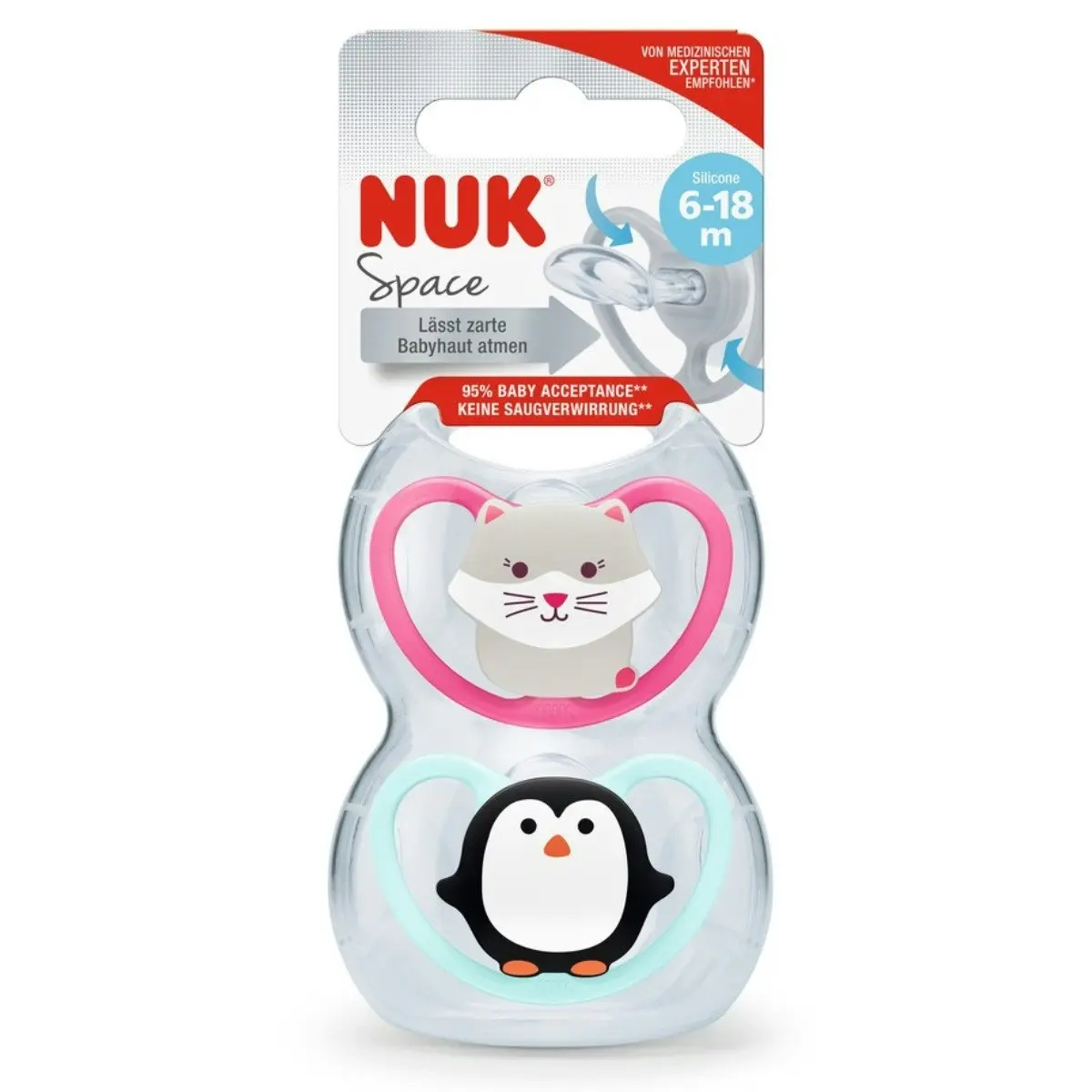 NUK Space Baby Dummy 6-18m, With Extra Ventilation, BPA-Free Silicone, 2 Pack - Assorted