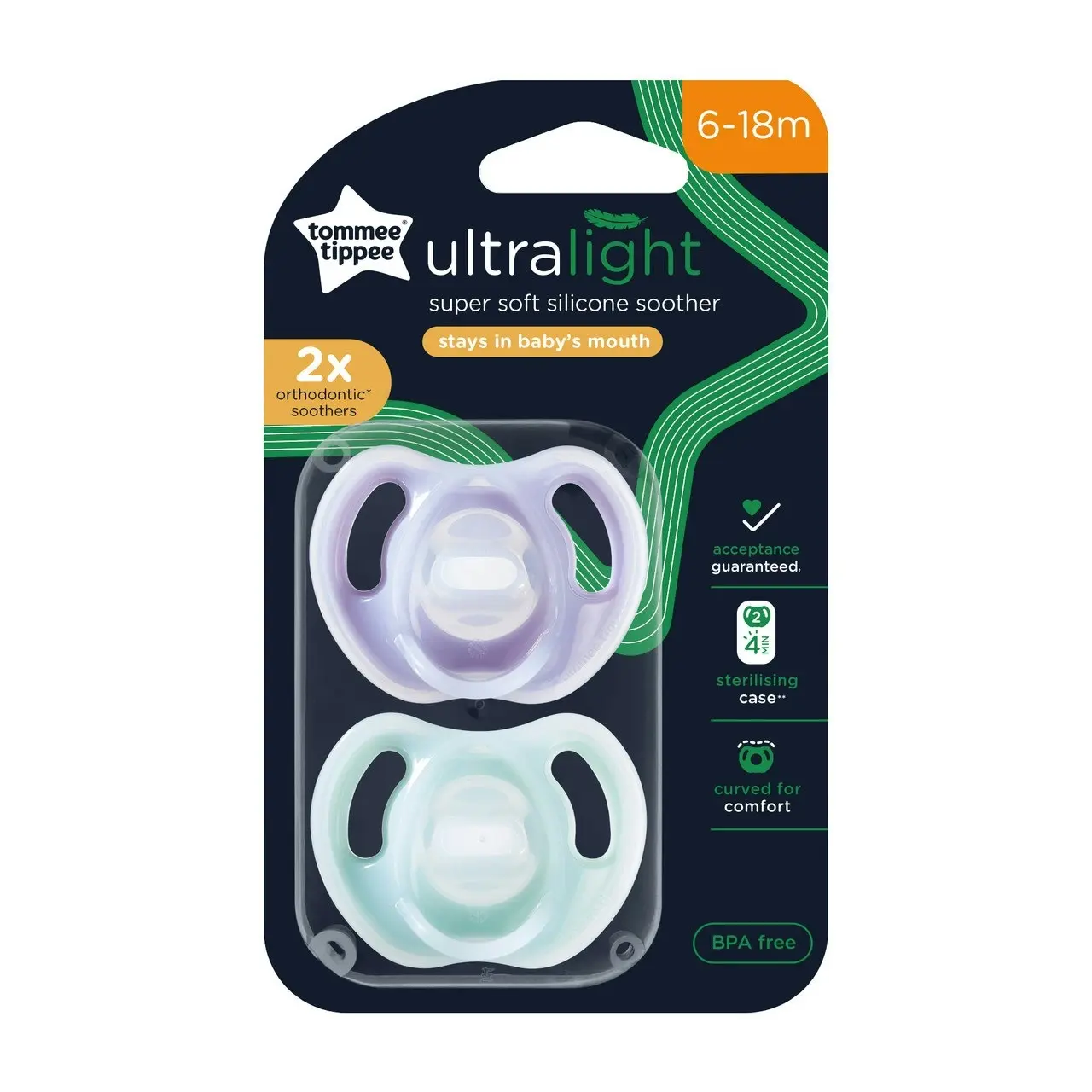 Tommee Tippee Ultra-light Soothers, 6-18 months, 2 pack of  one piece silicone, BPA free soothers