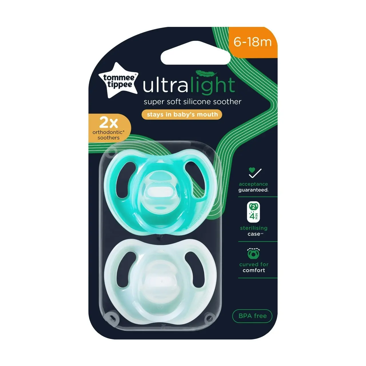 Tommee Tippee Ultra-light Soothers, 6-18 months, 2 pack of  one piece silicone, BPA free soothers