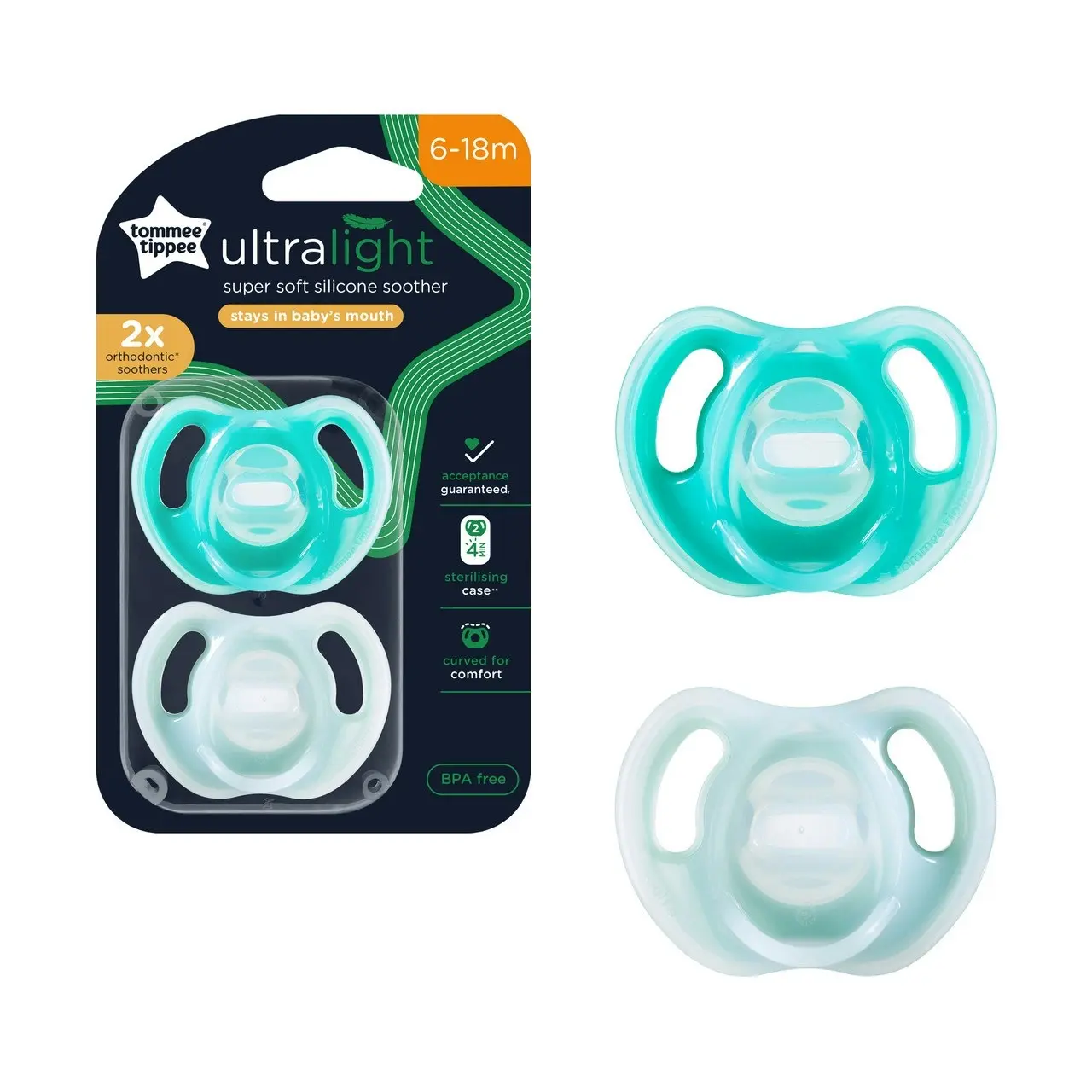 Tommee Tippee Ultra-light Soothers, 6-18 months, 2 pack of  one piece silicone, BPA free soothers