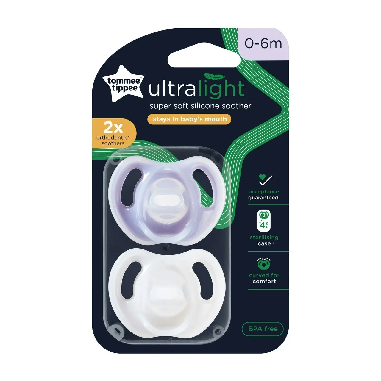 Tommee Tippee Ultra-light Soothers, 0-6 months, 2 pack of  one piece silicone, BPA free soothers