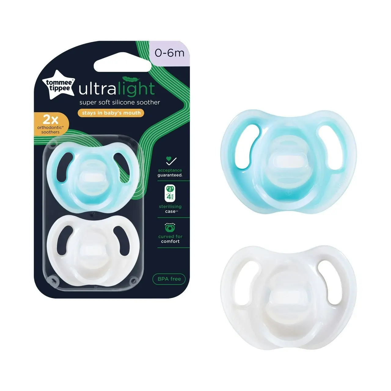 Tommee Tippee Ultra-light Soothers, 0-6 months, 2 pack of  one piece silicone, BPA free soothers