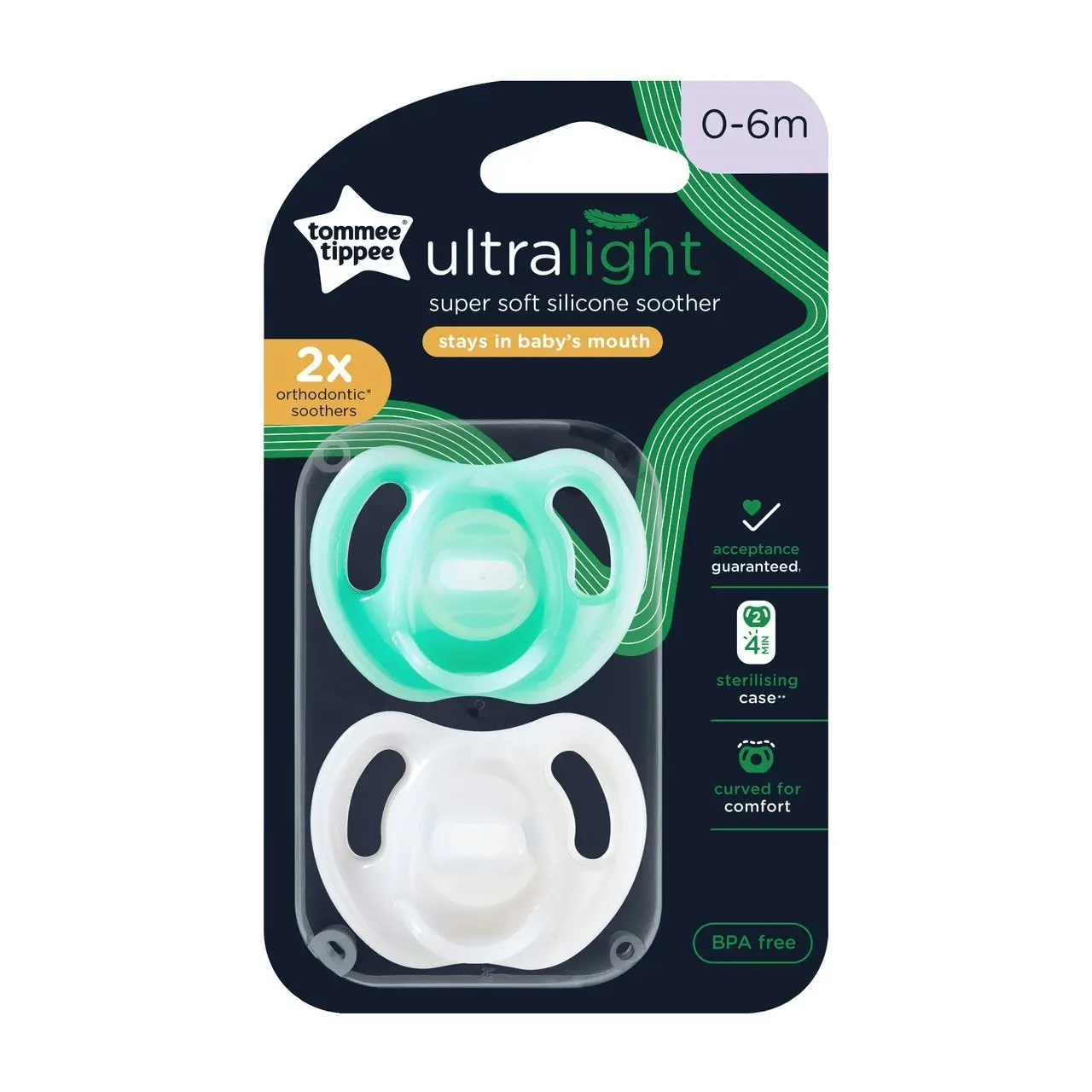 Tommee Tippee Ultra-light Soothers, 0-6 months, 2 pack of  one piece silicone, BPA free soothers