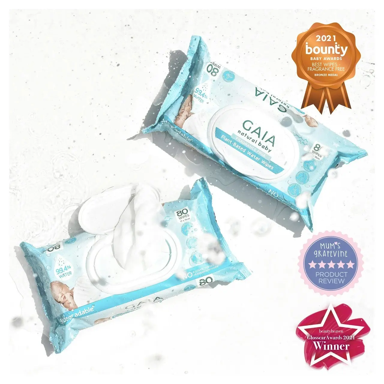 Gaia Natural Baby Plant-Based Water Wipes 80 Pack