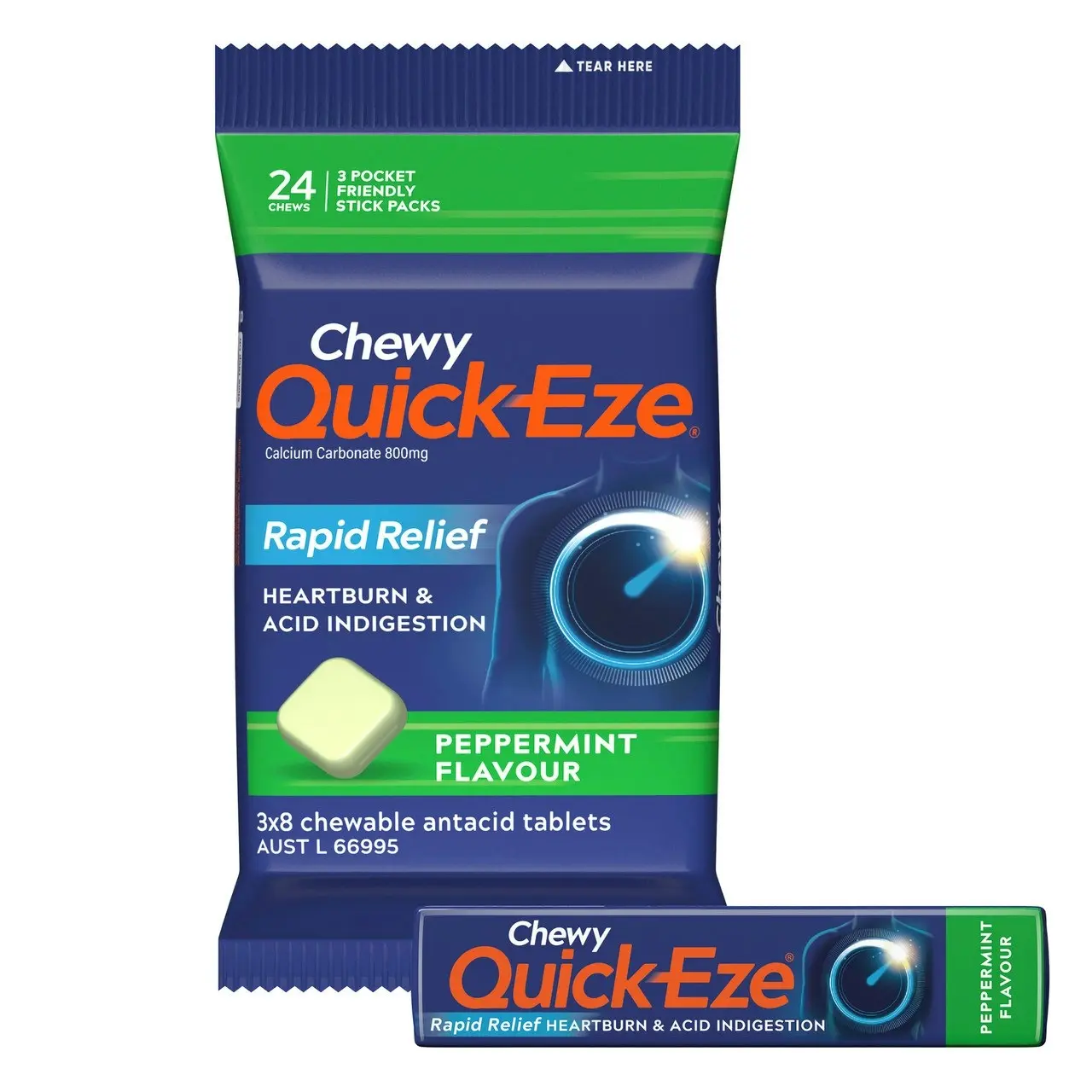 Quick Eze Peppermint Chewy Rapid Heartburn & Indigestion Relief 3x8 Pack