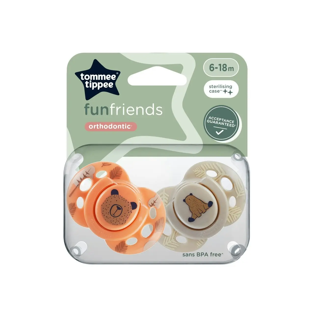 Tommee Tippee Fun Soother, 6-18 months, 2 pack, BPA free, Reusable steriliser pod