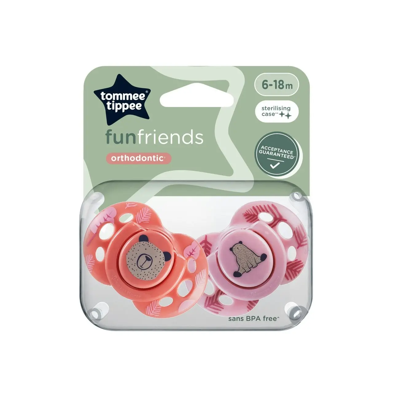 Tommee Tippee Fun Soother, 6-18 months, 2 pack, BPA free, Reusable steriliser pod