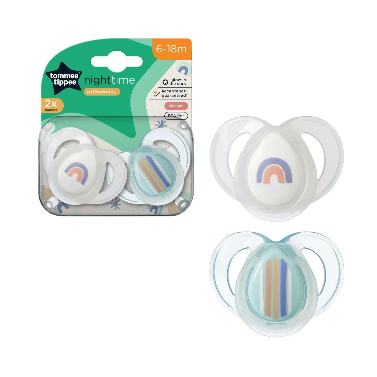 Tommee Tippee Nighttime soother, 6-18 months, 2 pack of glow in the dark soothers with reusable steriliser pod