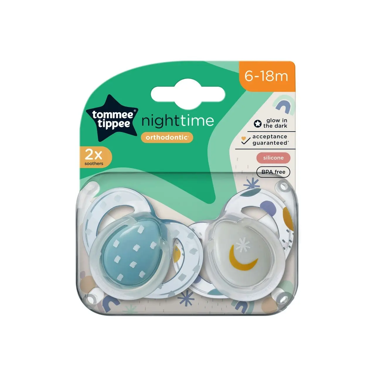 Tommee Tippee Nighttime soother, 6-18 months, 2 pack of glow in the dark soothers with reusable steriliser pod