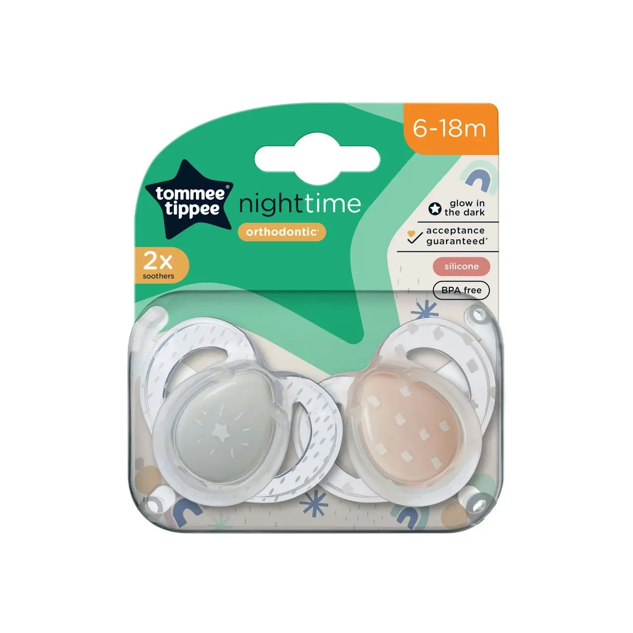 Tommee Tippee Nighttime soother, 6-18 months, 2 pack of glow in the dark soothers with reusable steriliser pod