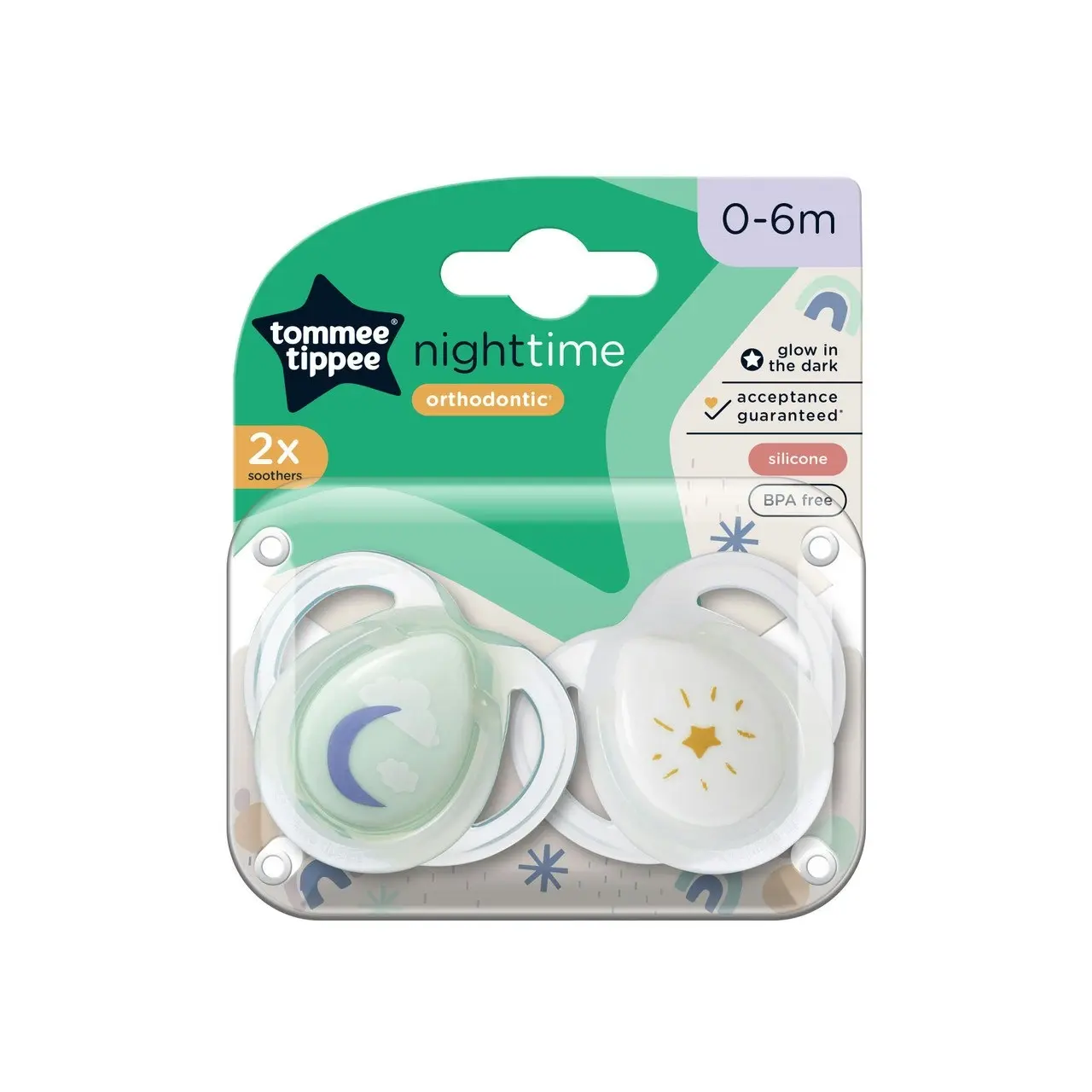 Tommee Tippee Nighttime soother, 0-6 months, 2 pack of glow in the dark soothers with reusable steriliser pod