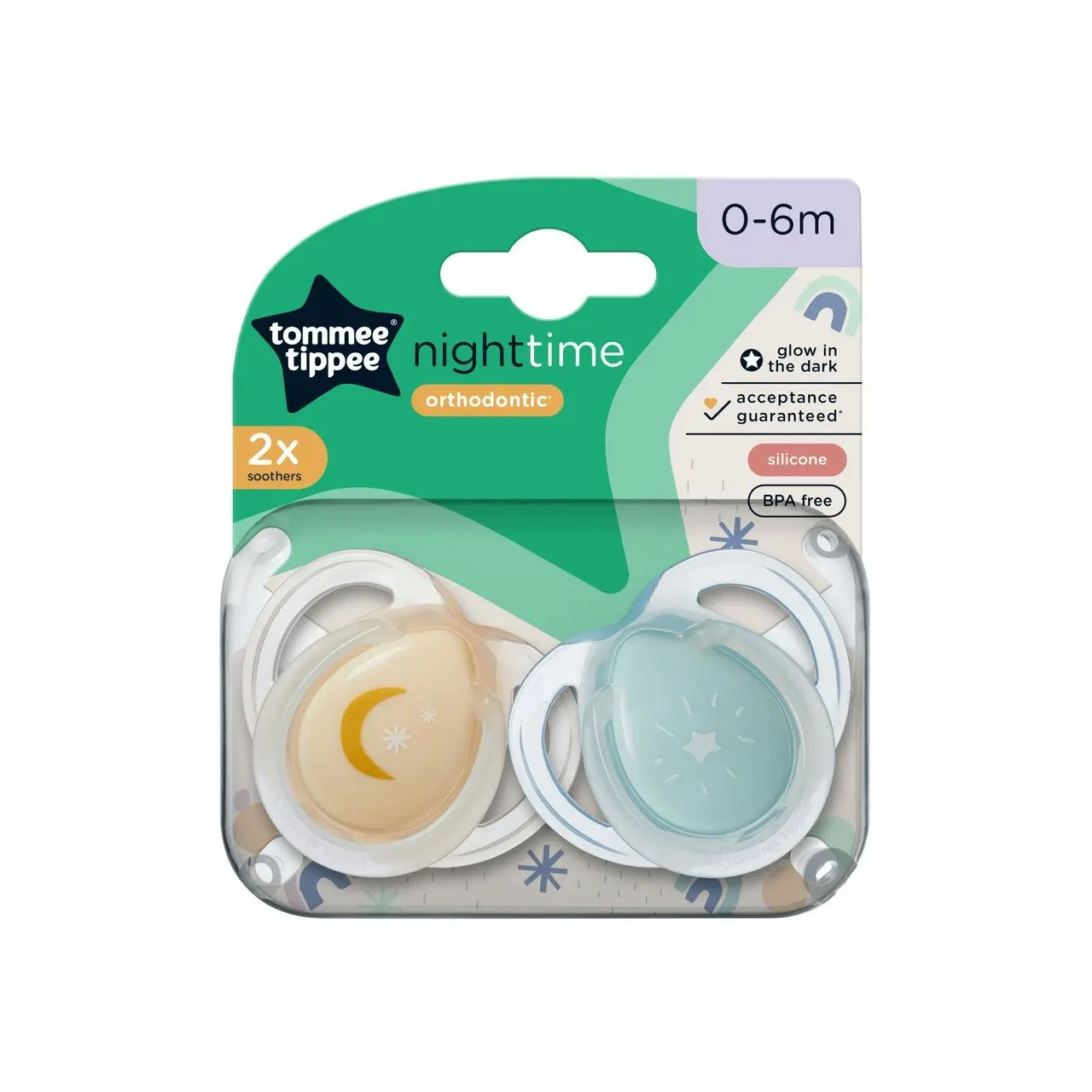 Tommee Tippee Nighttime soother, 0-6 months, 2 pack of glow in the dark soothers with reusable steriliser pod