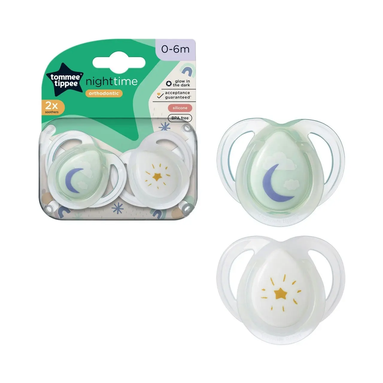 Tommee Tippee Nighttime soother, 0-6 months, 2 pack of glow in the dark soothers with reusable steriliser pod