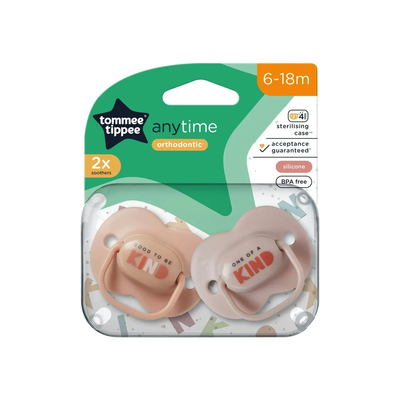 Tommee Tippee Anytime Soother, 6-18 months, 2 pack of symmetrical, BPA free soothers with a reusable steriliser pod