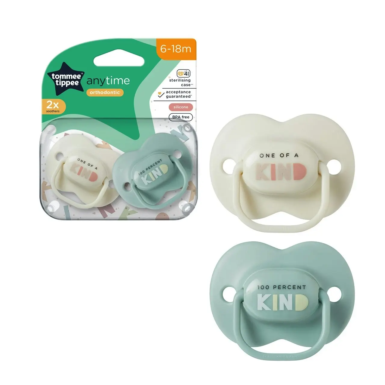 Tommee Tippee Anytime Soother, 6-18 months, 2 pack of symmetrical, BPA free soothers with a reusable steriliser pod