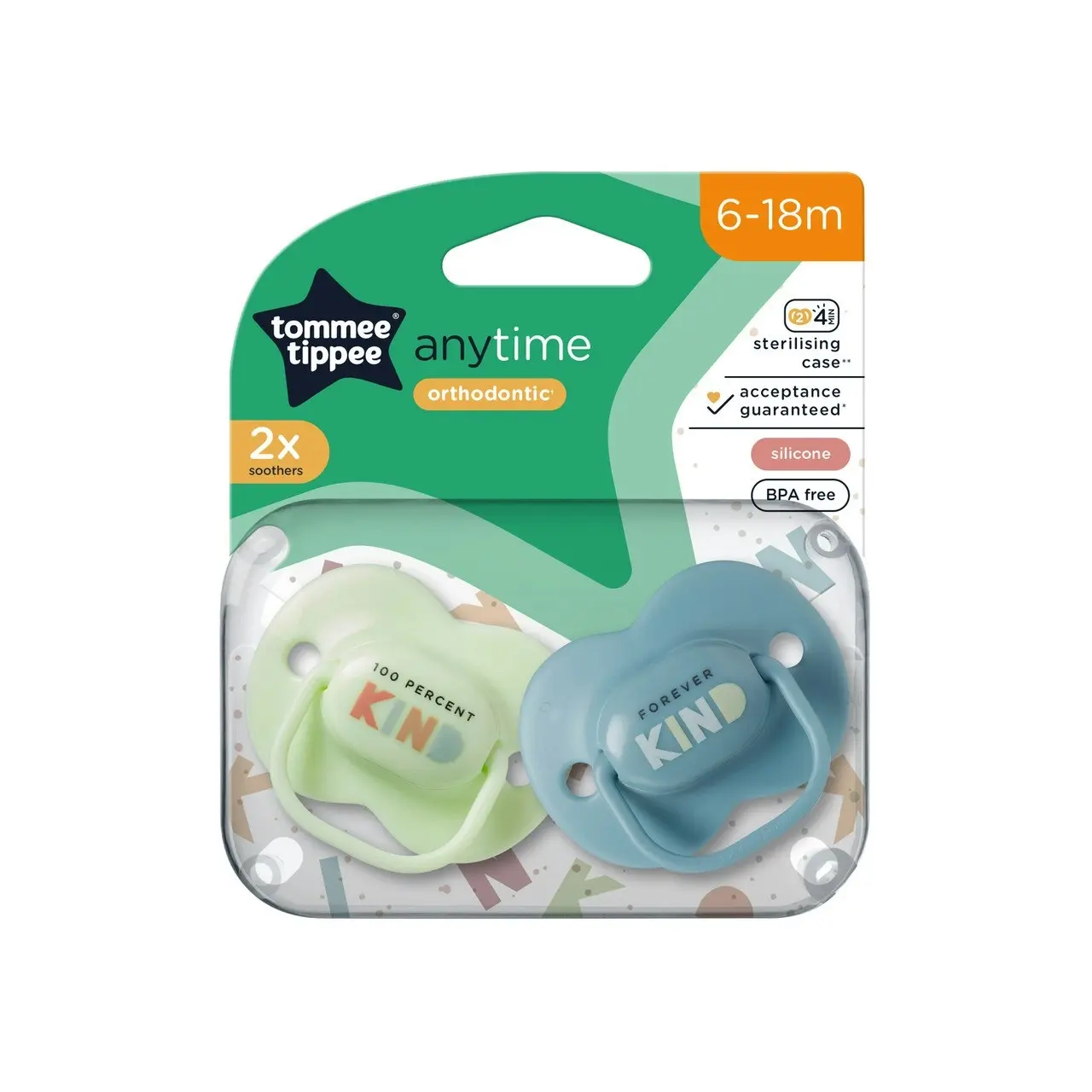 Tommee Tippee Anytime Soother, 6-18 months, 2 pack of symmetrical, BPA free soothers with a reusable steriliser pod