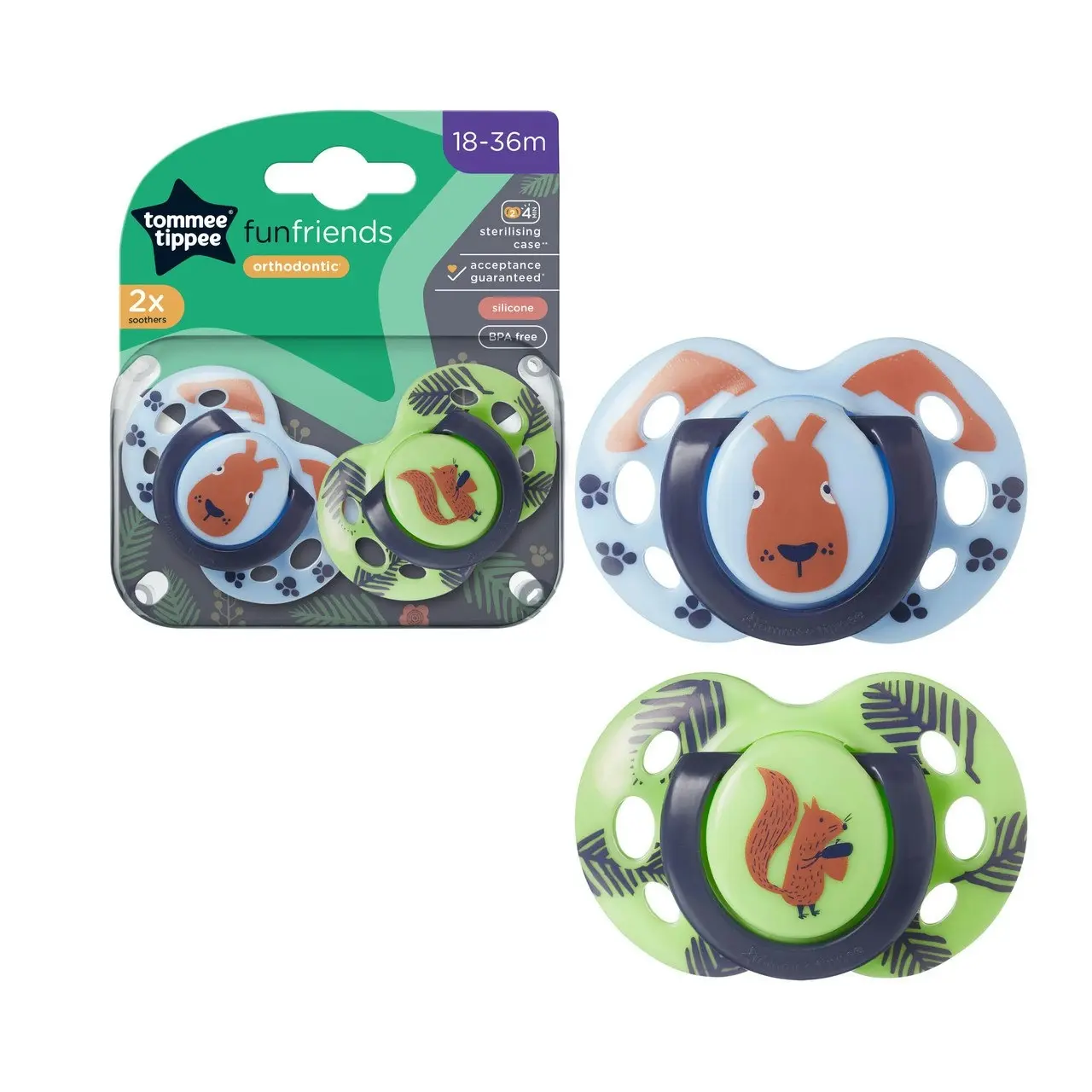 Tommee Tippee Fun Soother, 18-36 months, 2 pack, BPA free, Reusable steriliser pod