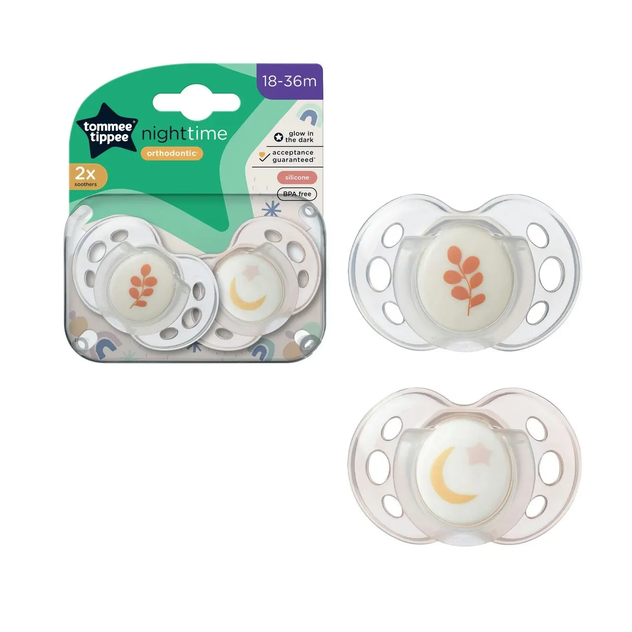 Tommee Tippee Nighttime soother, 18-36 months, 2 pack of glow in the dark soothers with reusable steriliser pod