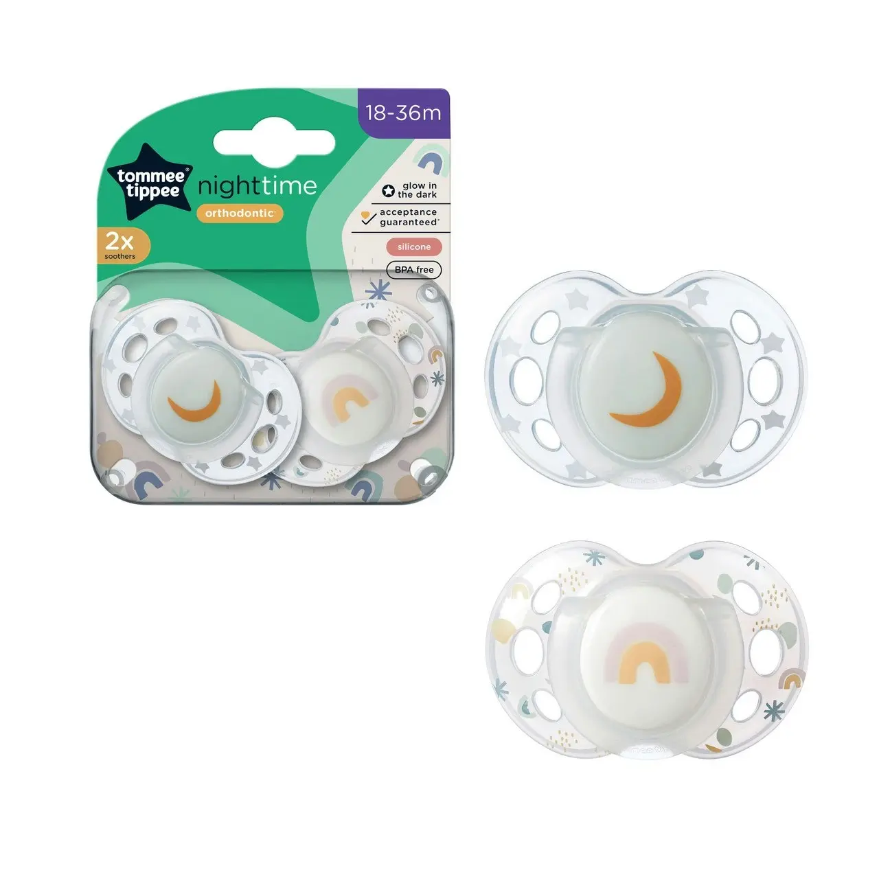 Tommee Tippee Nighttime soother, 18-36 months, 2 pack of glow in the dark soothers with reusable steriliser pod