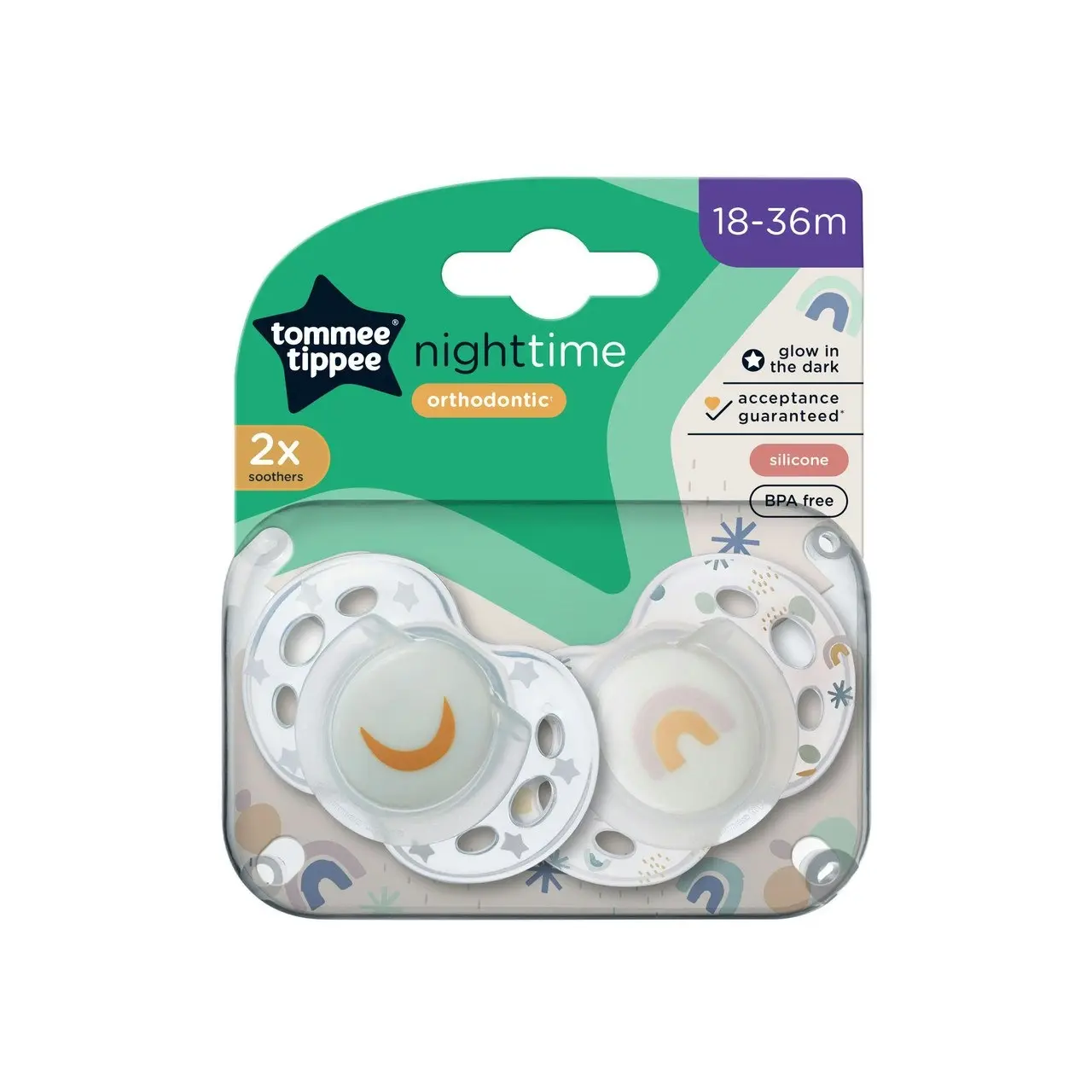 Tommee Tippee Nighttime soother, 18-36 months, 2 pack of glow in the dark soothers with reusable steriliser pod