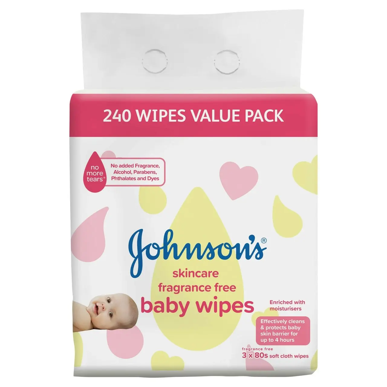 Johnson's Skincare Fragrance Free Baby Wipes 3 x 80 Pack