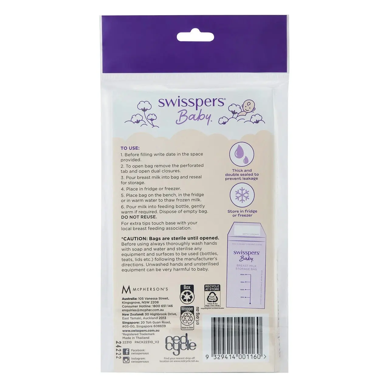 Swisspers Breast Milk Storage Bags 20 pack