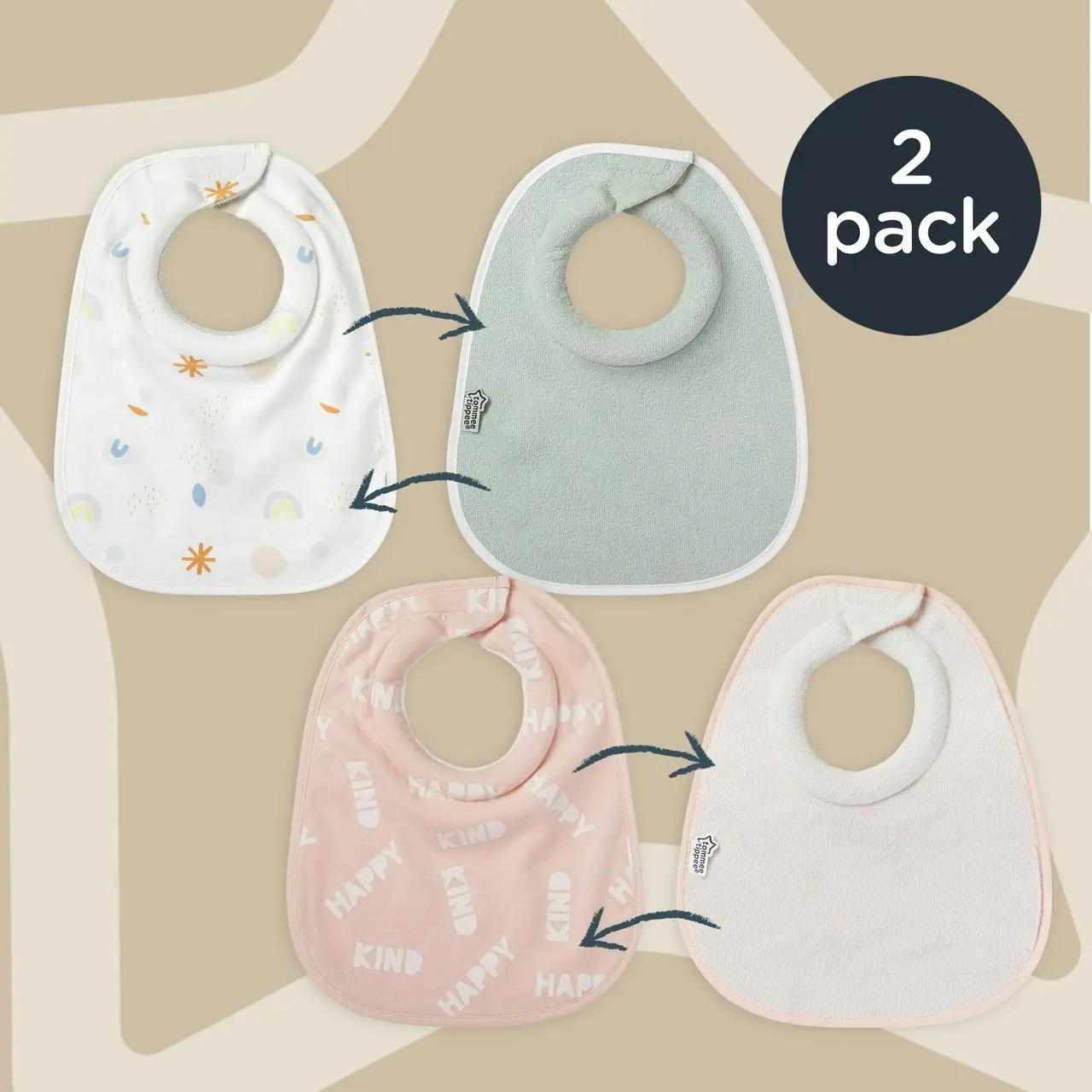 Tommee Tippee Milk Feeding Bibs, Comfeefit, Super Soft and Extra Absorbent, Adjustable and Reversible, OEXO-TEX Approved Material, Pack of 2