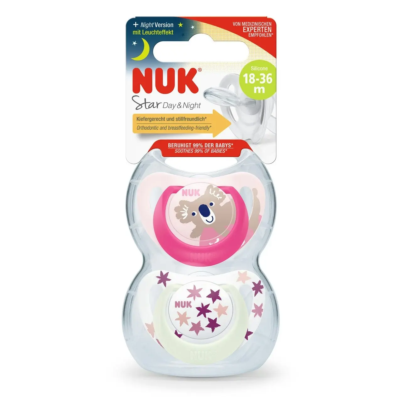 NUK Star Night Baby Dummy 18-36m, Glow-In-The-Dark, BPA-Free Silicone, 2 Pack - Assorted