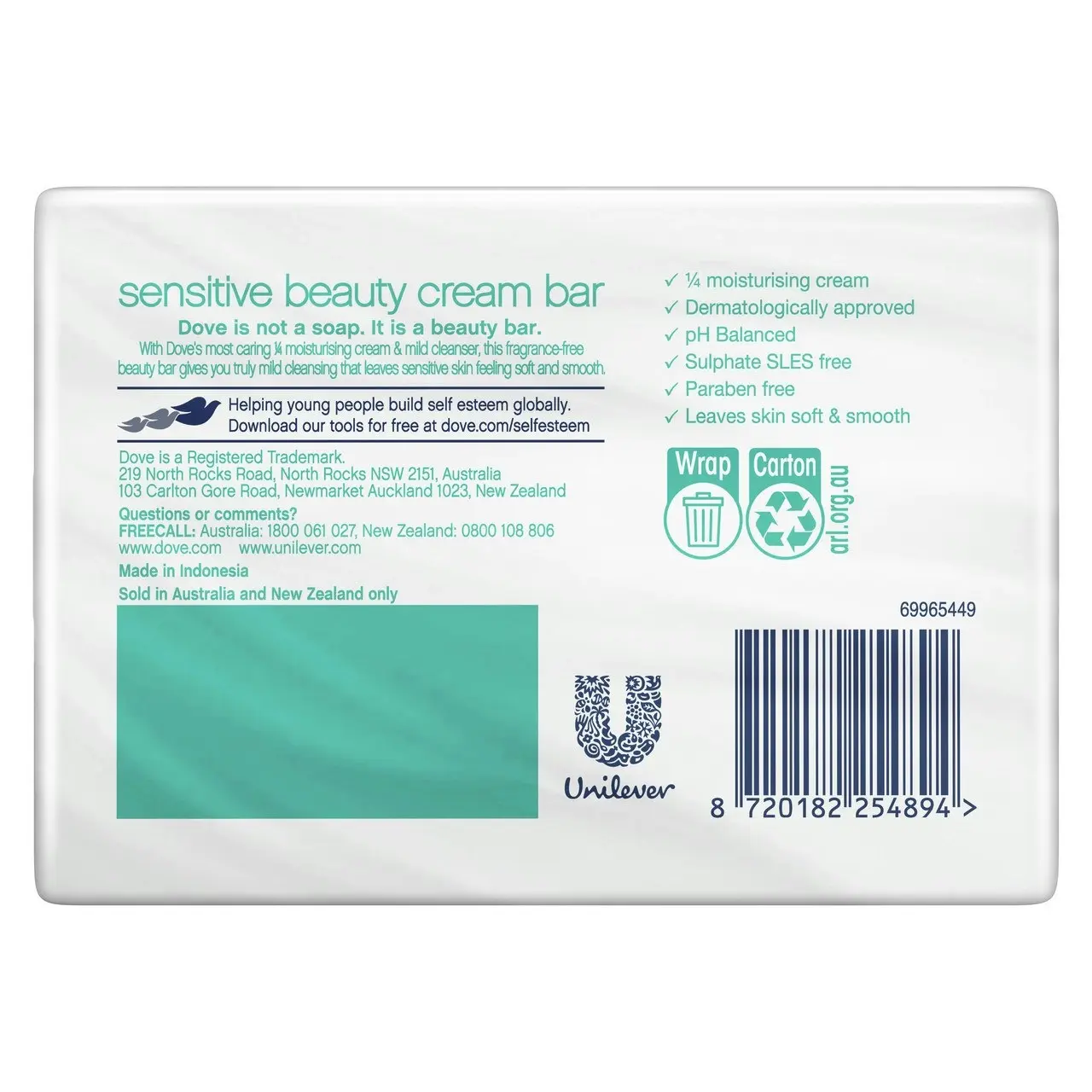 Dove  Beauty Cream Bar for soft, smooth, healthy-looking skin Sensitive with 1/4 moisturising cream 4 x 90 g